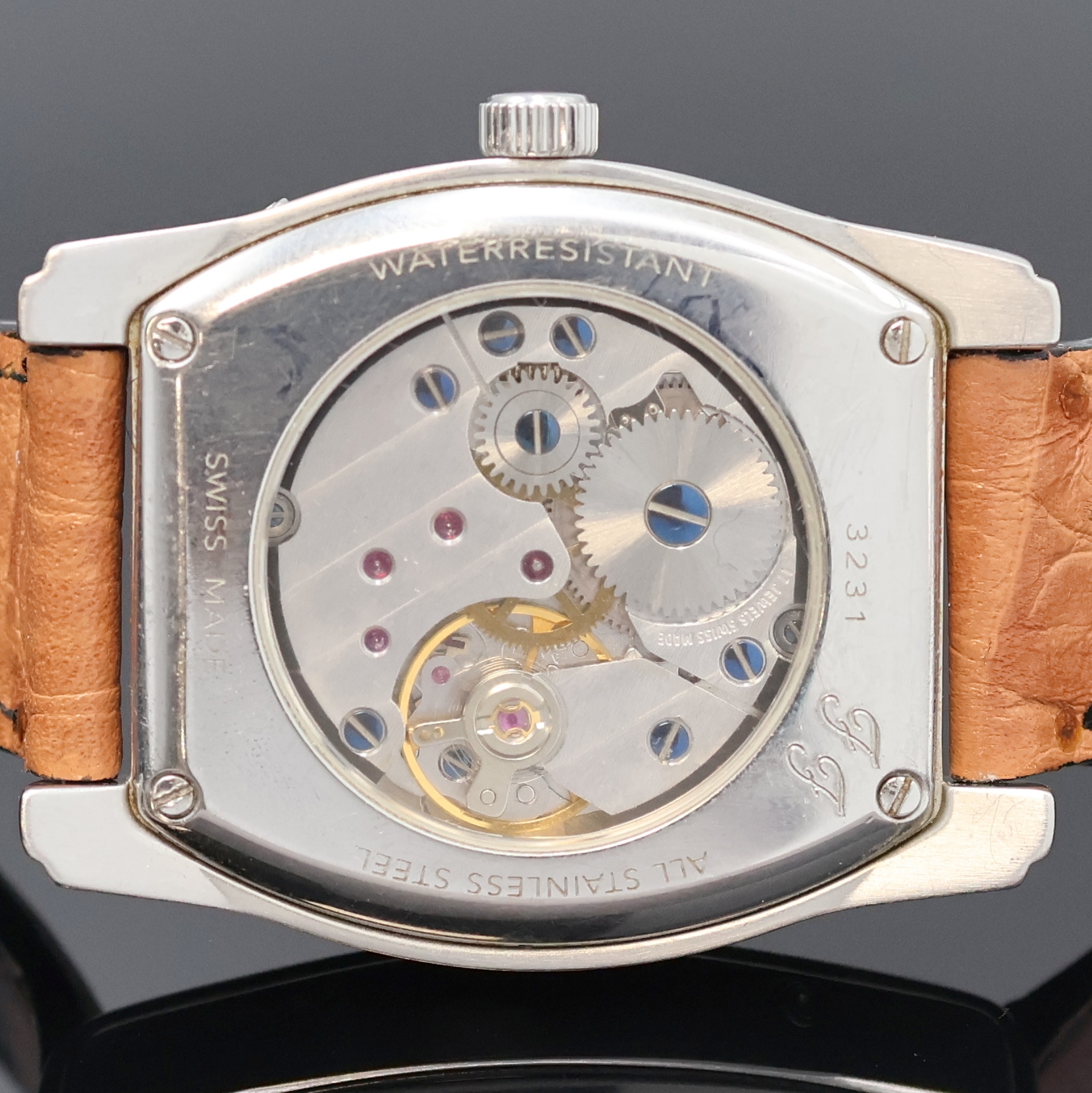 Detail d: MARCELLO C Regulateur Armbanduhr mit Mondphase, Schweiz um 1990, Handaufzug, beids. vergl. Stahlgehäuse, Boden m. Monogramm 4-fach verschr., ...