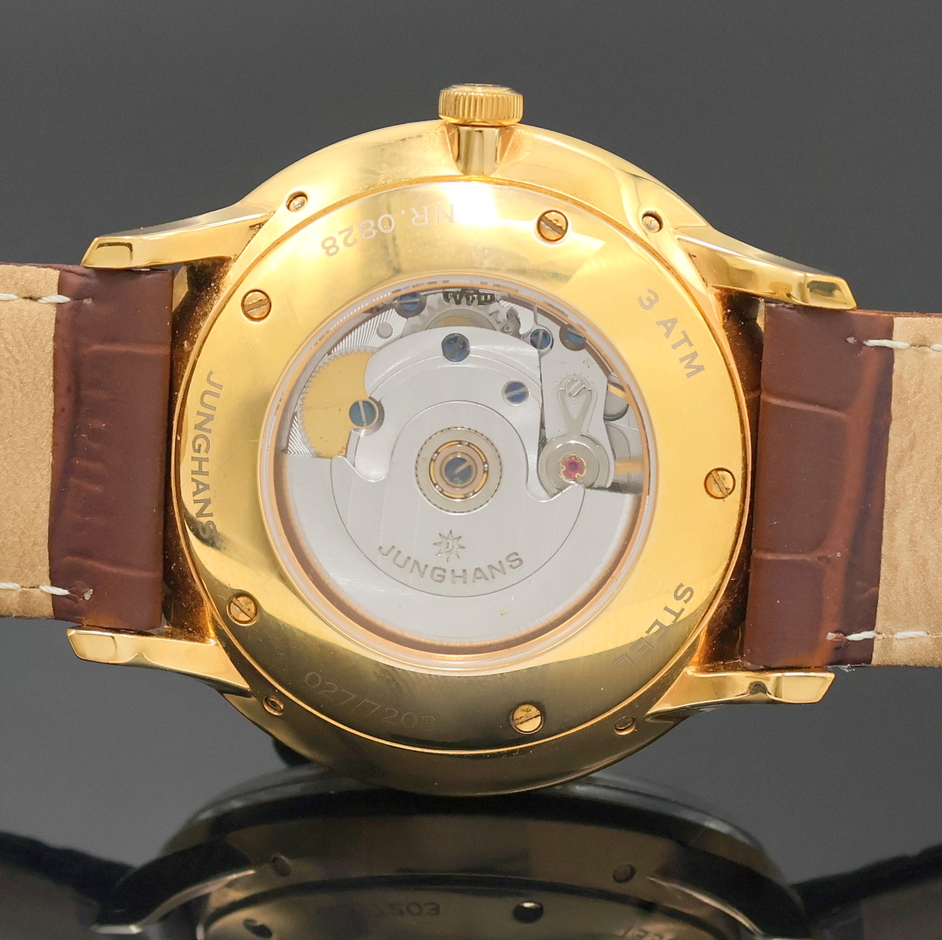 Detail d: JUNGHANS Meister Herrenarmbanduhr mit Kalender Referenz 027/7203, Deutschland um 2015, verg. Geh. beids. vergl., Boden 5-fach verschr., ...