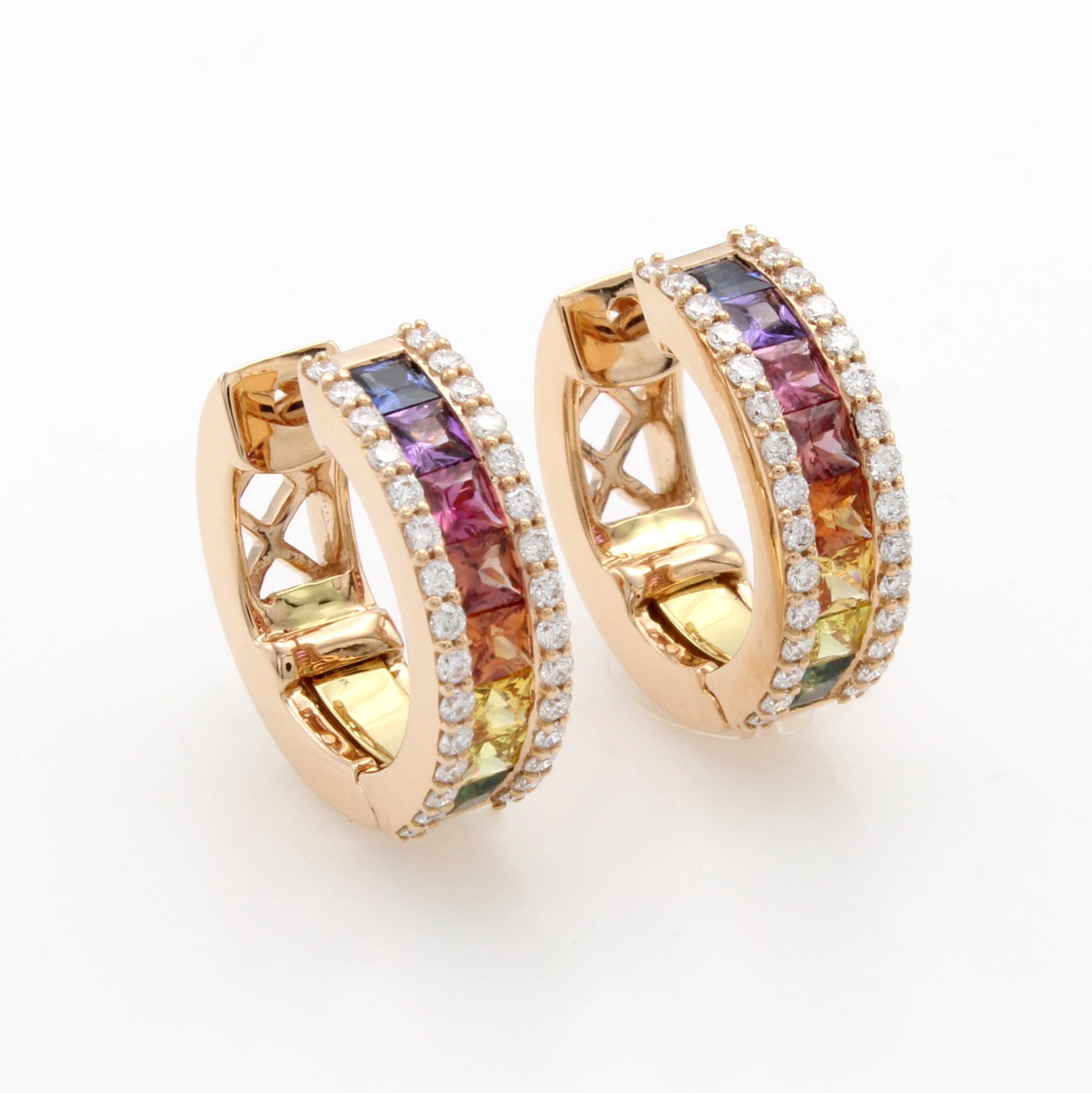 Image 27020671 - Paar Klappcreolen mit Saphiren und Brillanten, RG 750/000, fancy Saphircarrées zus. ca. ...