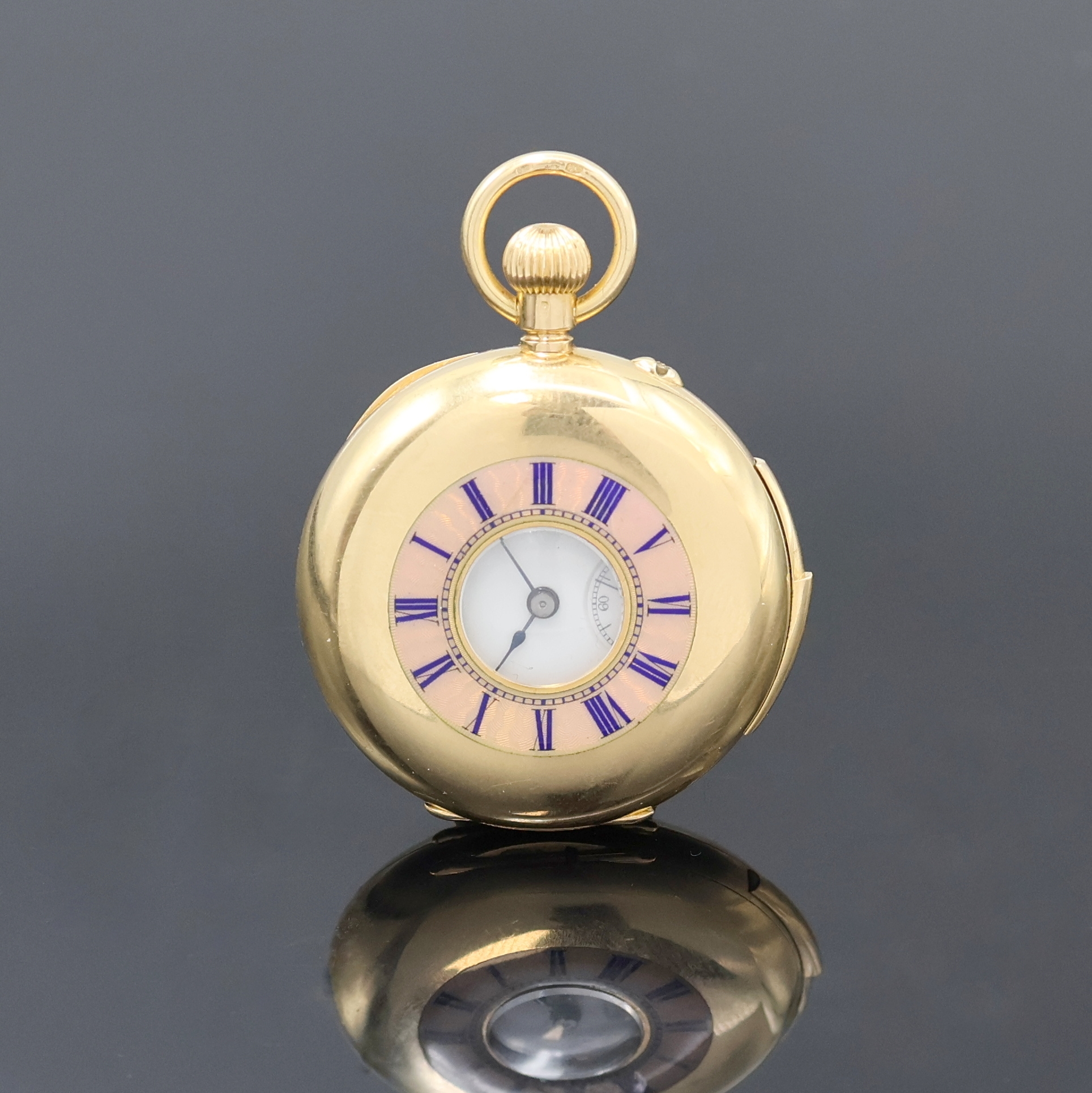 Detail a: Halbsavonette in GG 755/000 mit 1/4 Stundenrepetition, Schweiz um 1910, glattes Geh. l. dell., Goldcuvette, Sprungdeckel m. röm. Zahlen, ...