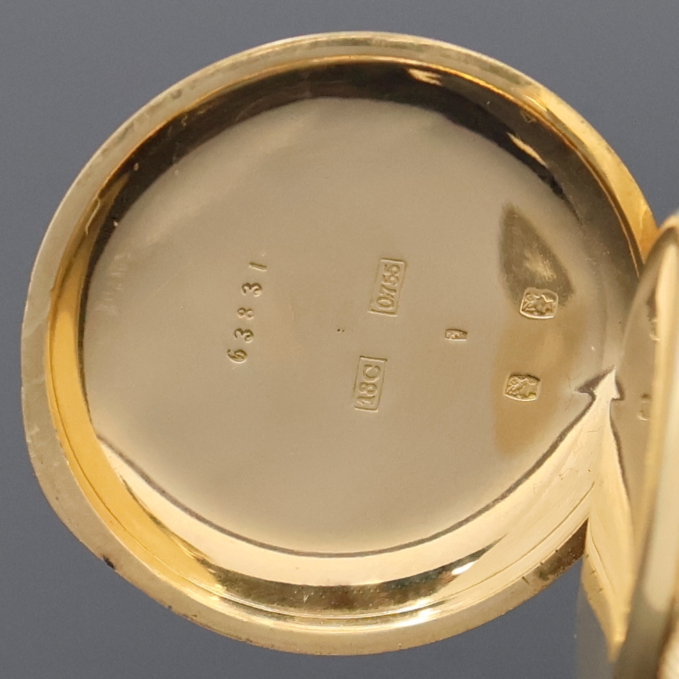 Detail e: Halbsavonette in GG 755/000 mit 1/4 Stundenrepetition, Schweiz um 1910, glattes Geh. l. dell., Goldcuvette, Sprungdeckel m. röm. Zahlen, ...