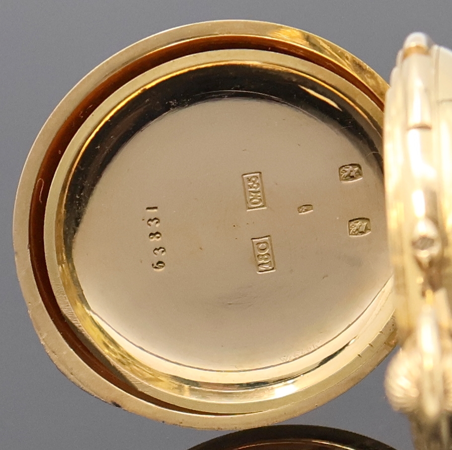 Detail g: Halbsavonette in GG 755/000 mit 1/4 Stundenrepetition, Schweiz um 1910, glattes Geh. l. dell., Goldcuvette, Sprungdeckel m. röm. Zahlen, ...