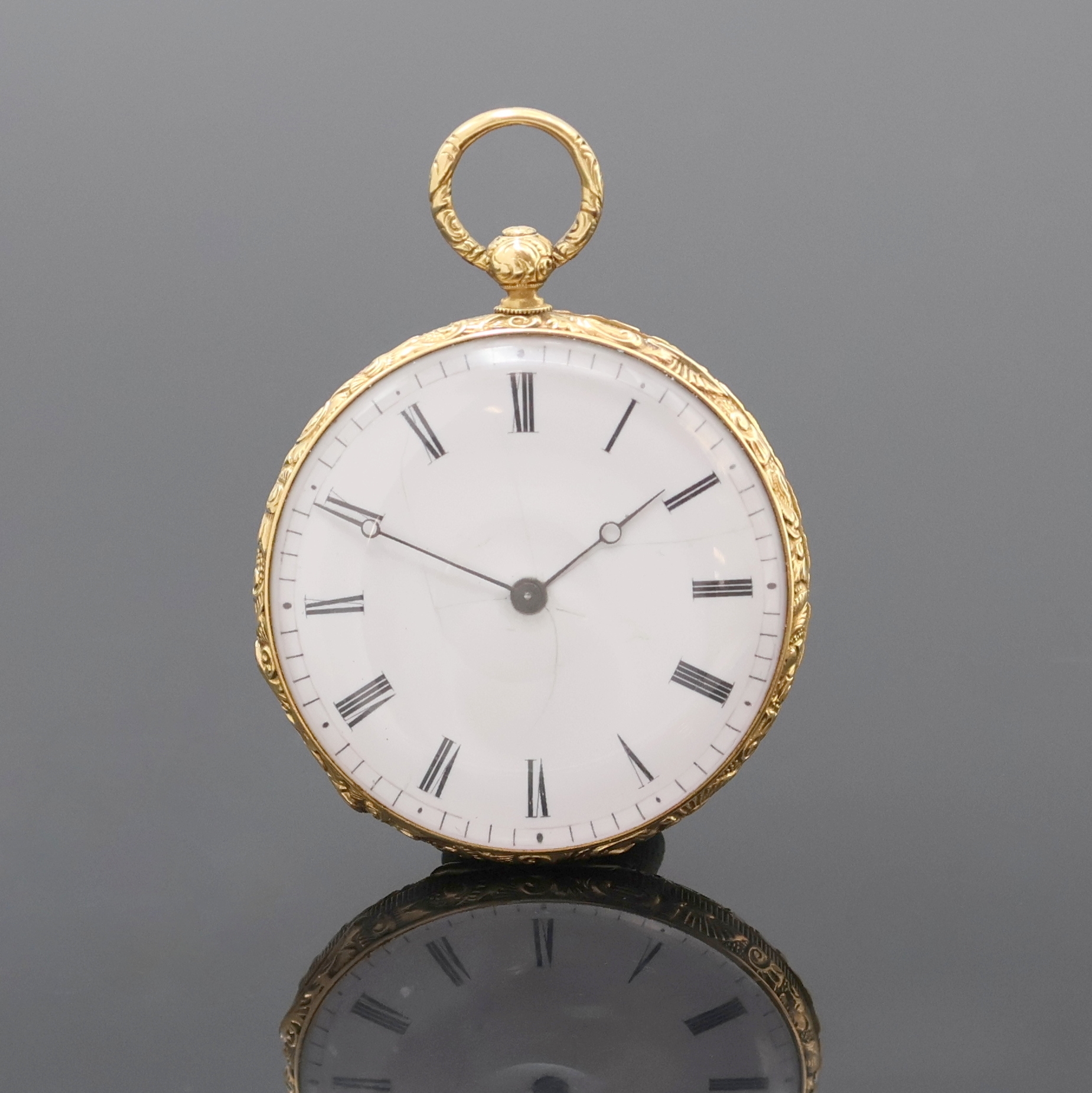 Image 27020681 - Zylindertaschenuhr in GG 750/000, Schweiz um 1870, floral grav. Geh. u. Rückdeckel, ...