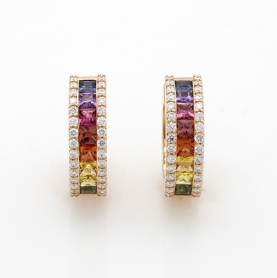 27020671a - Paar Klappcreolen mit Saphiren und Brillanten, RG 750/000, fancy Saphircarrées zus. ca. ...