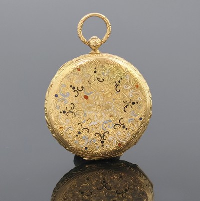 27020681a - Zylindertaschenuhr in GG 750/000, Schweiz um 1870, floral grav. Geh. u. Rückdeckel, ...