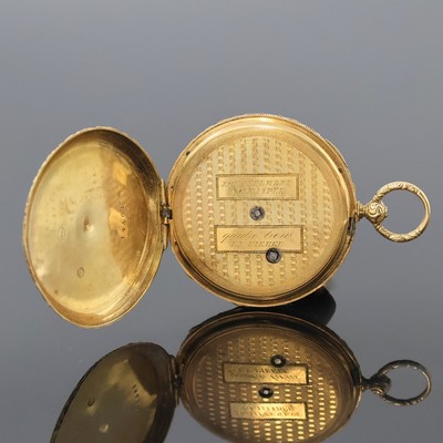 27020681b - Zylindertaschenuhr in GG 750/000, Schweiz um 1870, floral grav. Geh. u. Rückdeckel, ...