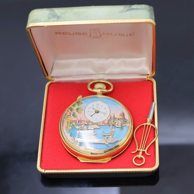 27020683f - REUGE Taschenuhr mit Wecker-Spieluhr und Figurenautomat, Schweiz um 1990, verg. Geh., ...