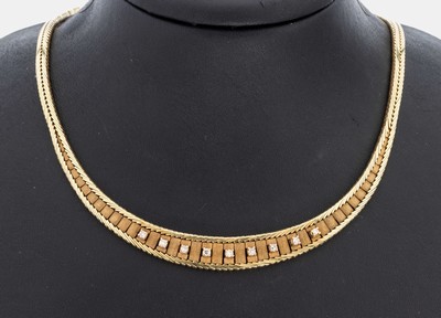 Image 14 kt Gold Diamant-Collier, GG 585/000, im Verlauf, part. strukt., 9 8/8-Diamanten zus. ...