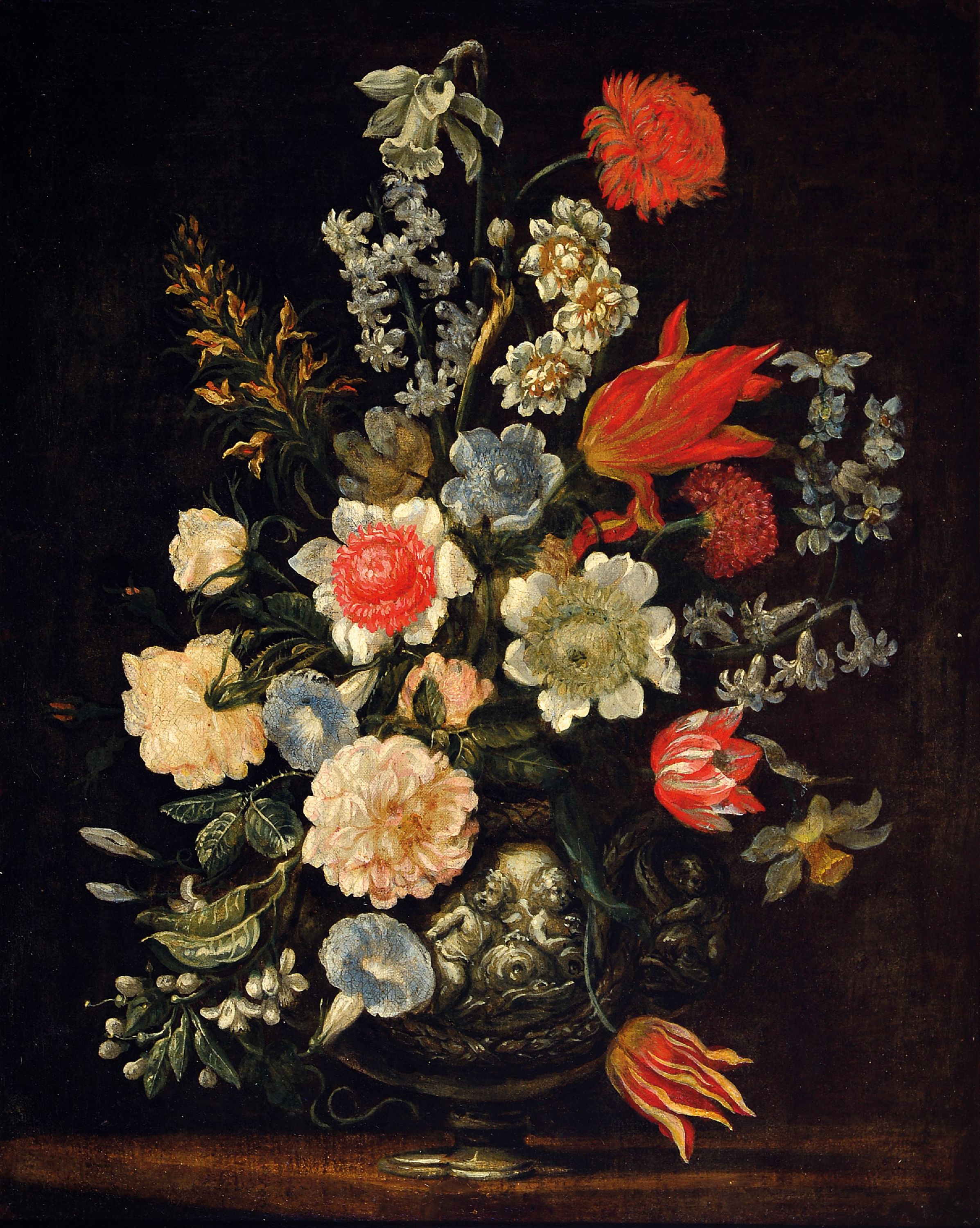 Image 27020725 - Bartolomeo Ligozzi, 1630-1695 Umkreis, Stillleben, Blumen in mit Putten reliefierter ...