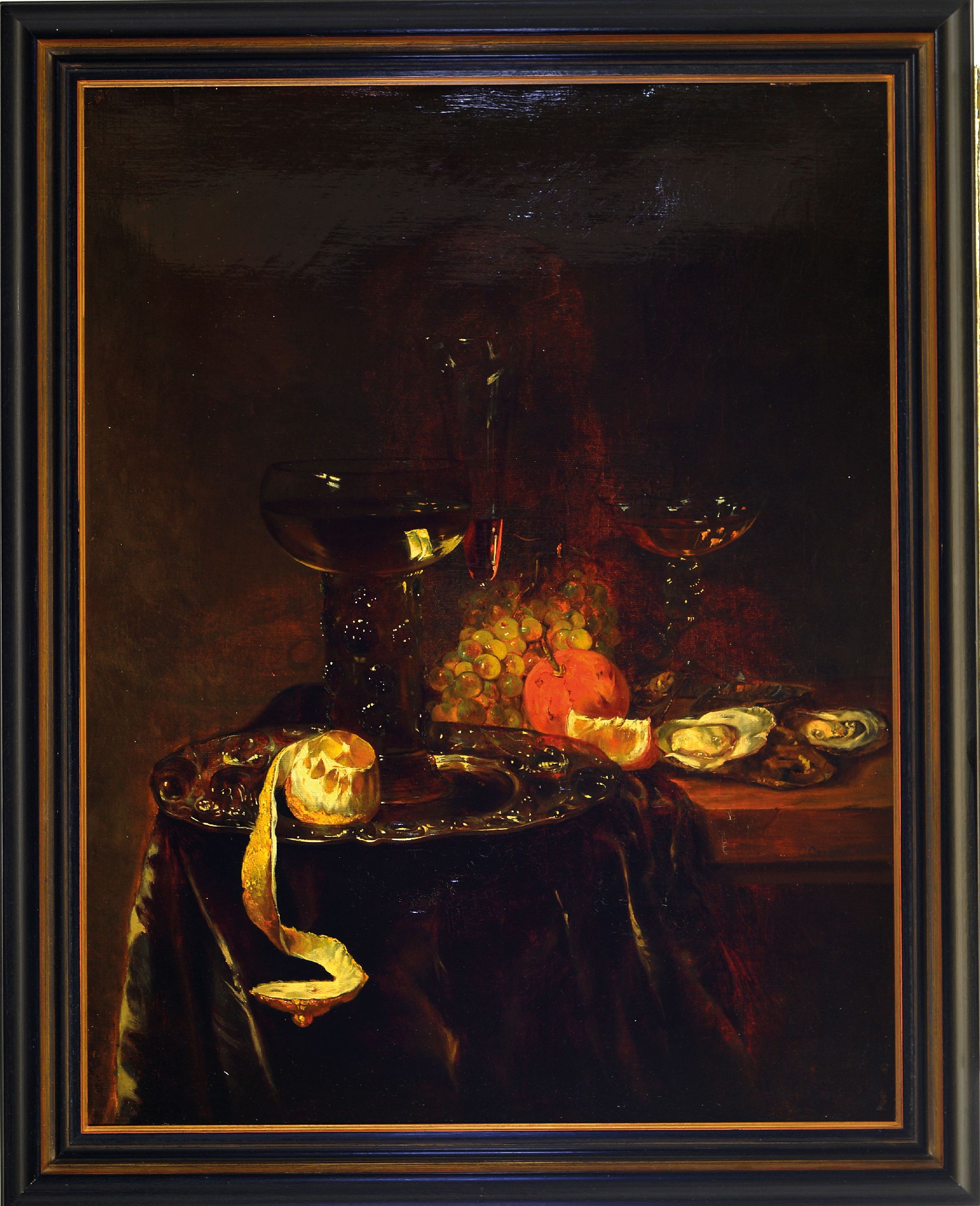 Detail k: Carl Johann Arnold, 1829 Kassel - 1916 Jena, deutscher Maler, Zeichner und Grafiker, Stillleben in Renaissancestil, Gläser und Platte mit Obst, re. ...