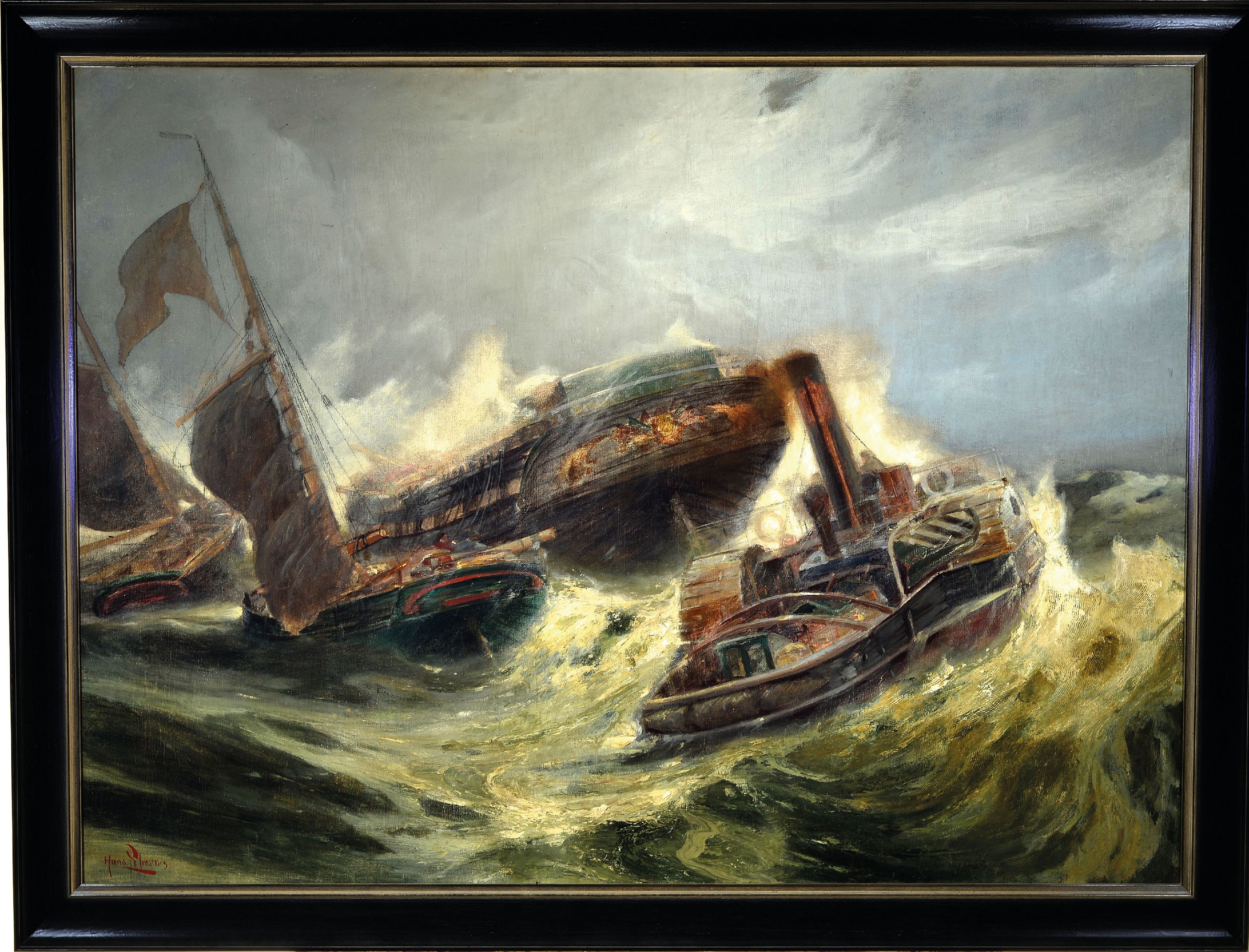 Detail k: Hans Ritter von Petersen, 1850 Husum - 1914 München, deutscher Marinemaler, großes Seestück mit Schiffen auf stürmischer See, Öl/Lwd, signiert, ...