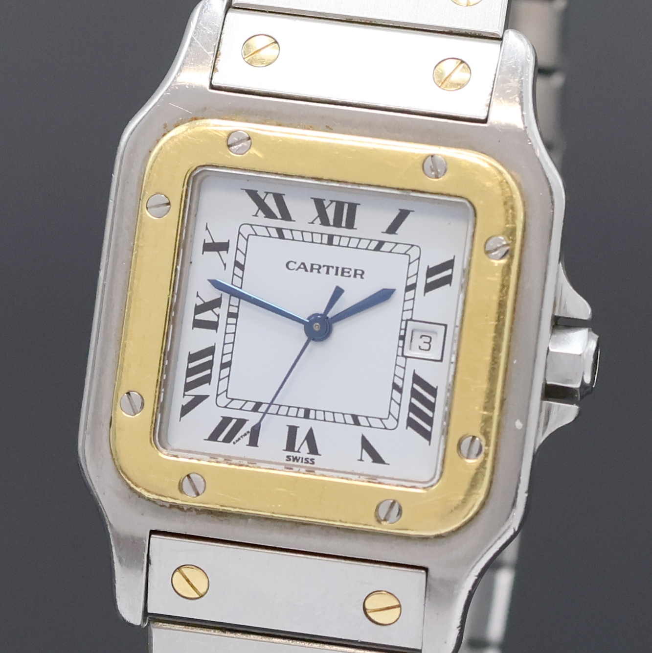 Detail a: CARTIER Santos Herrenarmbanduhr in Edelstahl/Gold, Schweiz um 1990, Automatik, Monocoque-Geh., orig. Gliederband m. dopp. Faltschl., Schmuckkrone ...