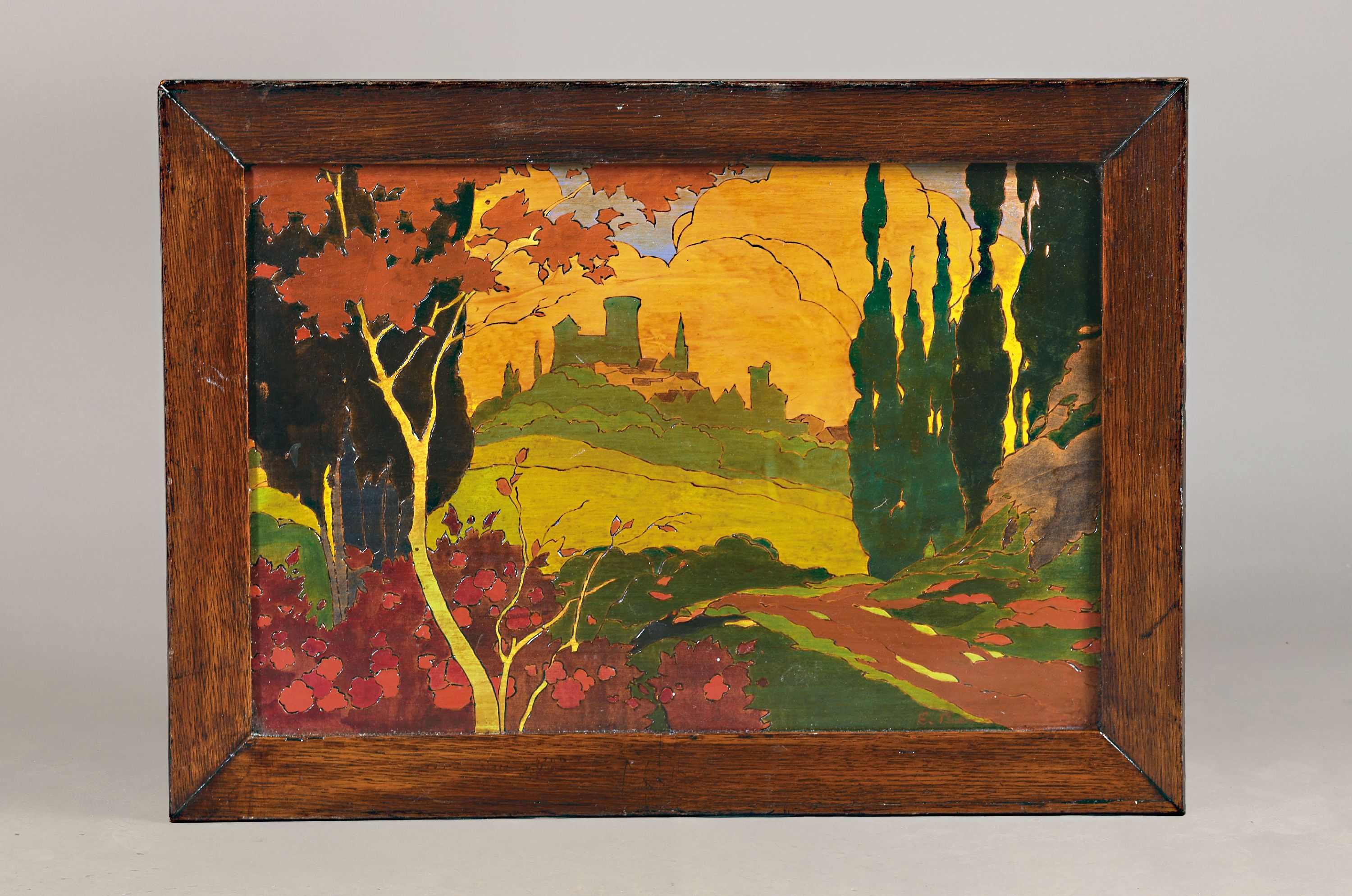 Detail a: Beistelltischchen mit Brandmalerei nach Emile Bernard (1868-1941), Anfang 20.Jh., Holz, Bugholz-Gestell, Deckplatte nach einem Motiv von Emile ...