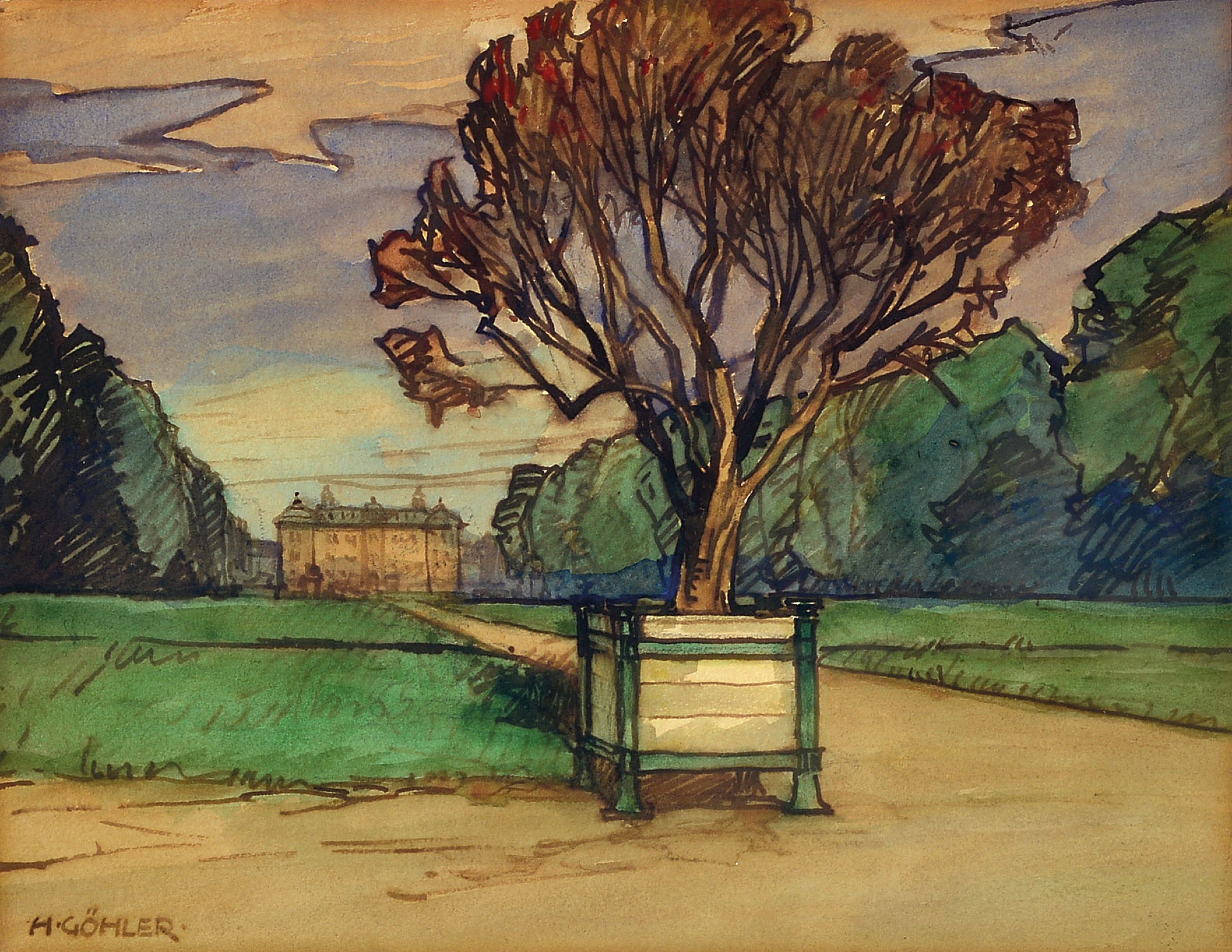 Image 27020798 - Prof. Hermann Göhler, 1874 - 1959, Aquarell/Papier, Karlsruher Schloß mit Park, ...