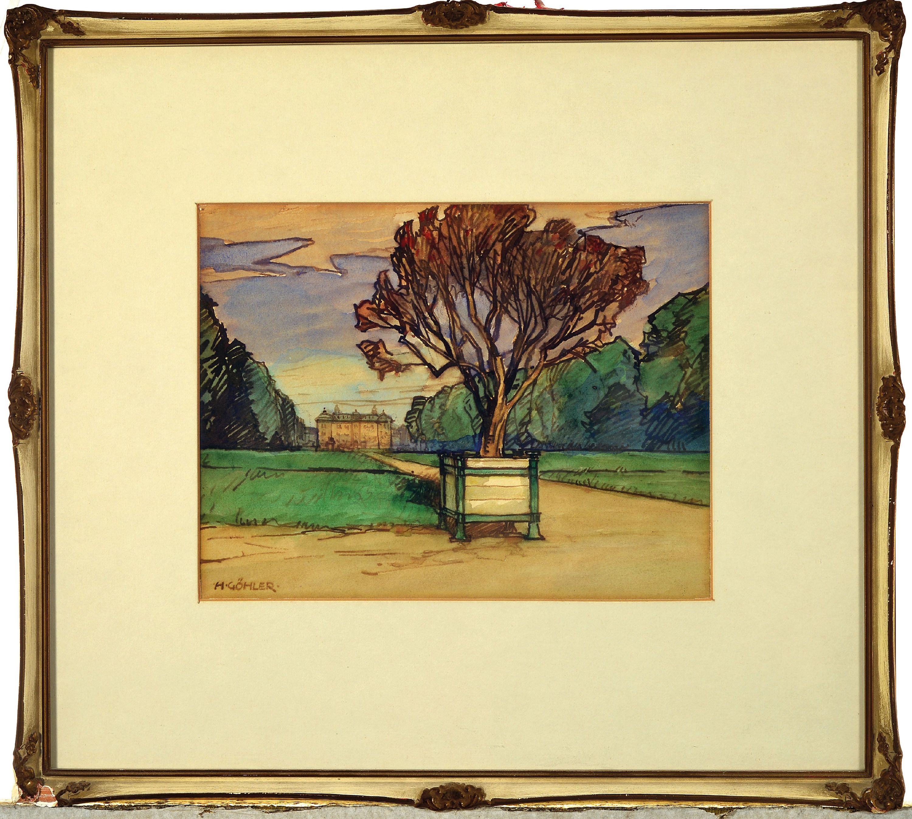 Detail k: Prof. Hermann Göhler, 1874 - 1959, Aquarell/Papier, Karlsruher Schloß mit Park, signiert, ca. 17.5x23.5 cm