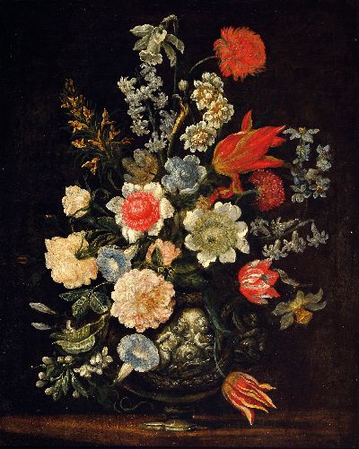 Image Bartolomeo Ligozzi, 1630-1695 Umkreis, Stillleben, Blumen in mit Putten reliefierter ...