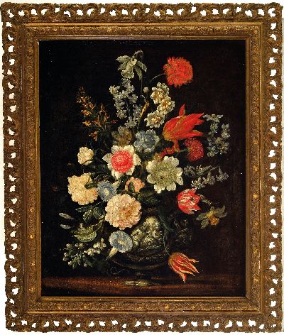 27020725k - Bartolomeo Ligozzi, 1630-1695 Umkreis, Stillleben, Blumen in mit Putten reliefierter ...