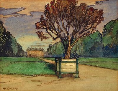 Image Prof. Hermann Göhler, 1874 - 1959, Aquarell/Papier, Karlsruher Schloß mit Park, ...