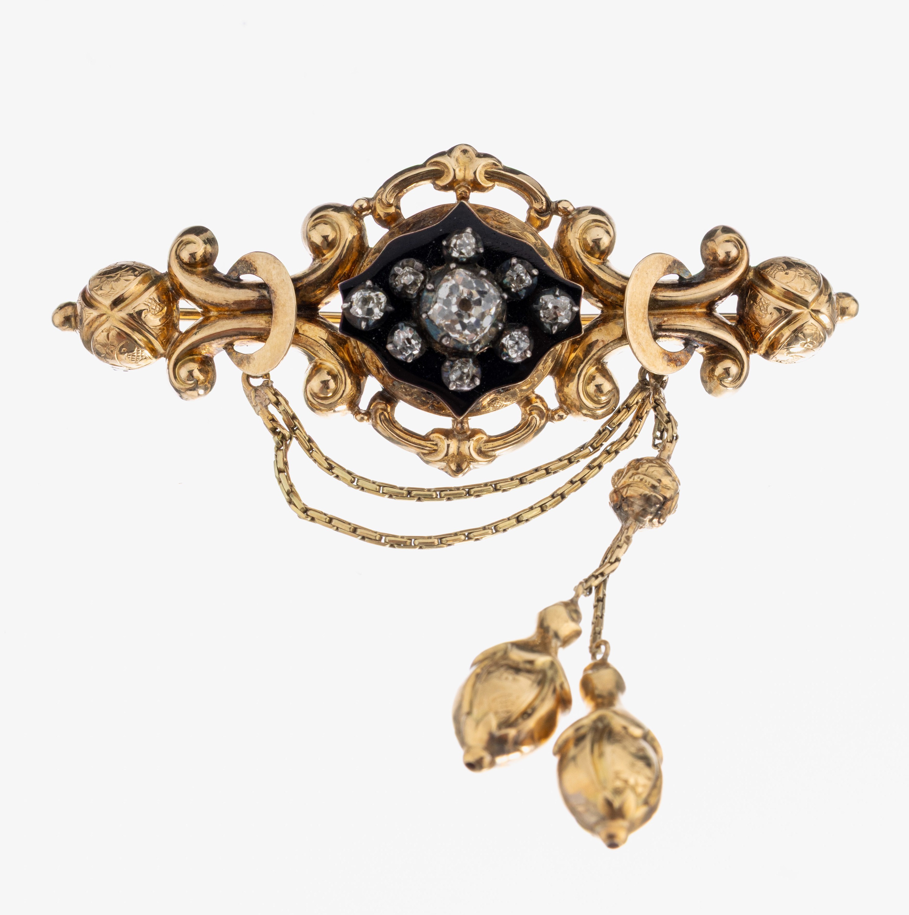 14 kt Gold Biedermeier Diamant-Brosche, um 1840, GG 585/000, schwarz emaill., 9 Altschliffdiamanten zus. ca. 0.50 ct Weiß- l.get.Weiß/si-p, ...