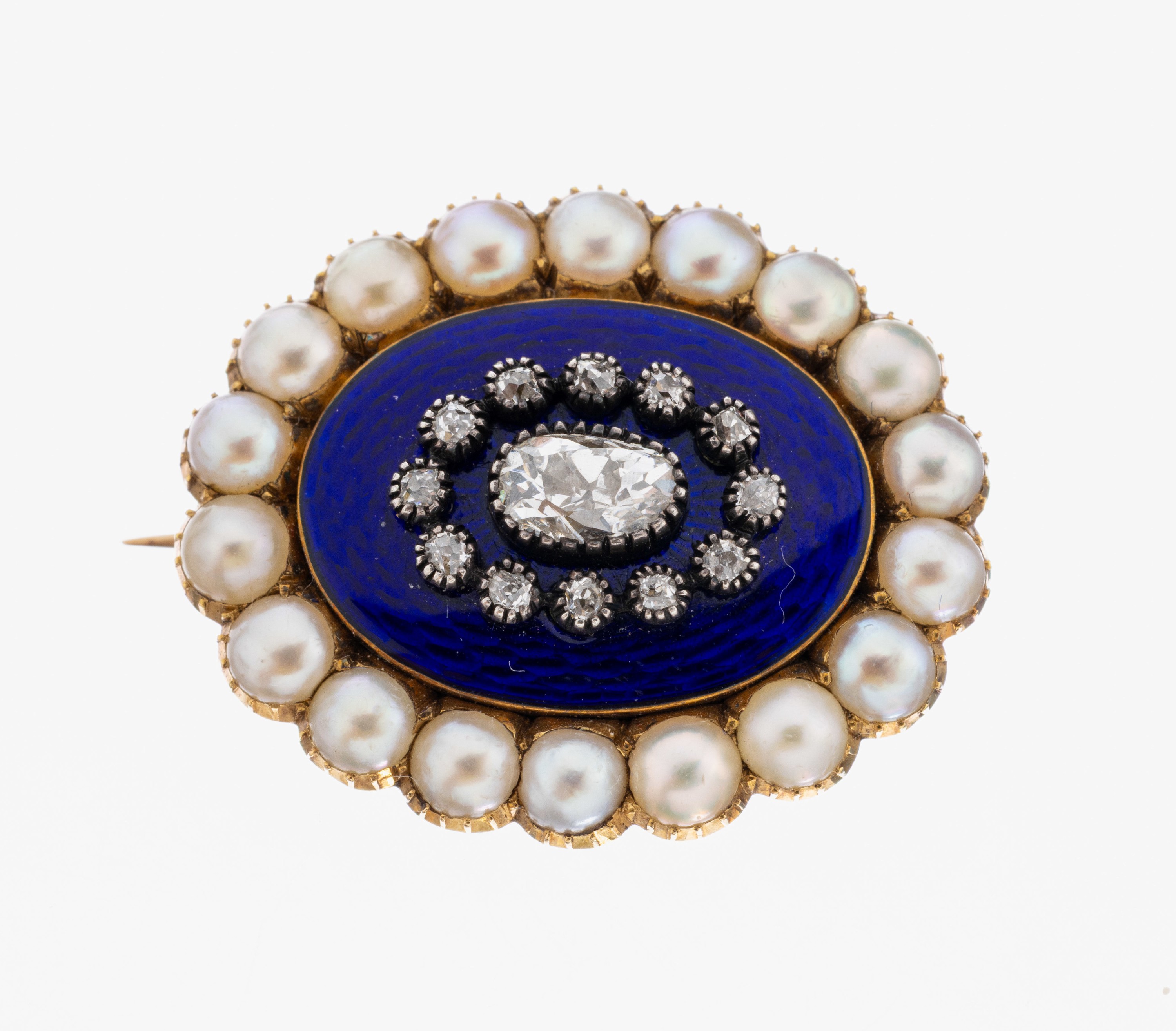 14 kt Gold Biedermeier Diamant-Perl-Brosche, um 1840, GG 585/000, rs. verbödet, 13 Altschliffdiamanten zus. ca. 0.40 ct Weiß/si, Rand mit Perlen, ...
