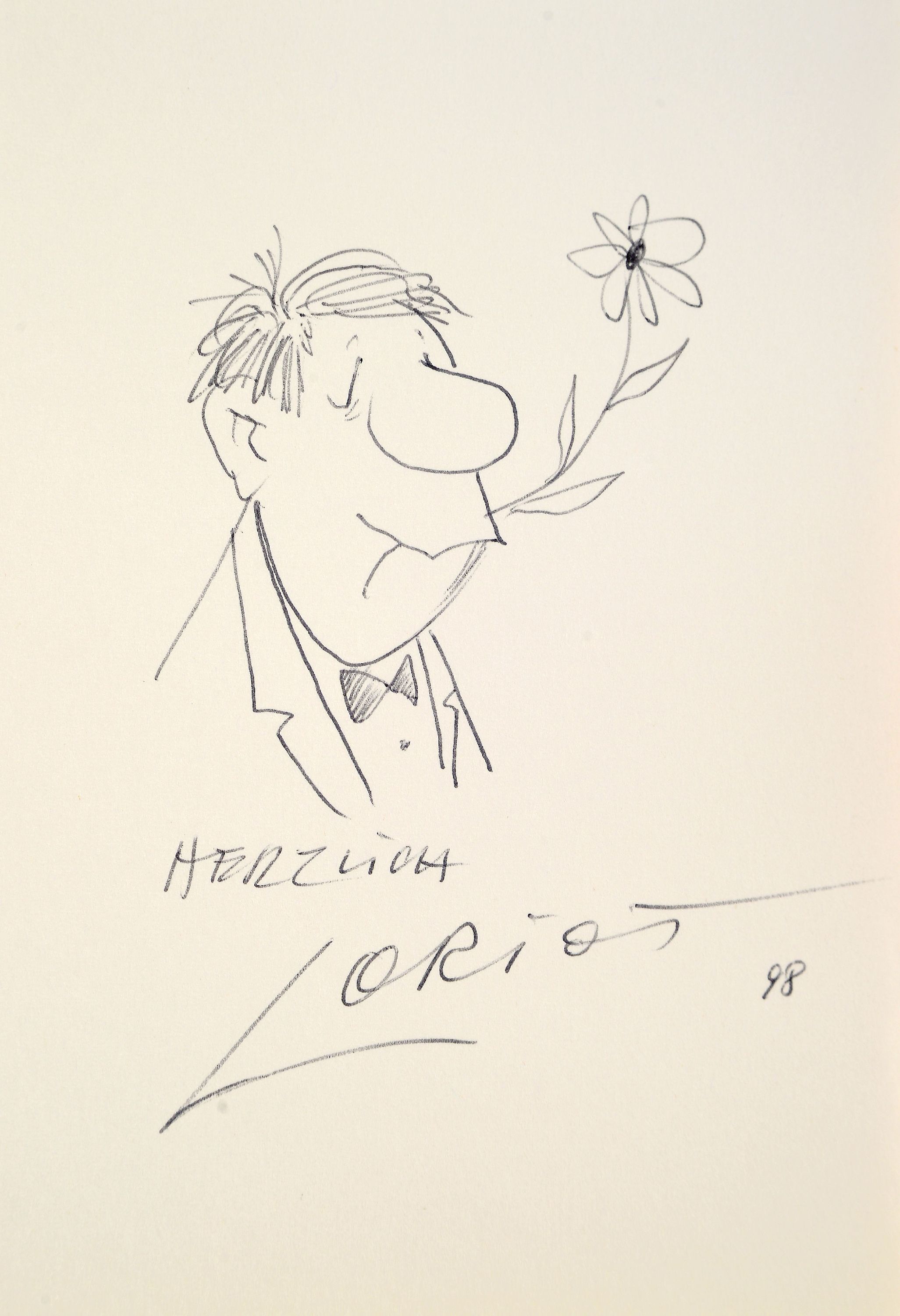 Image 27021423 - Loriot (Vicco von Bülow), 1923-2011, Zeichnung eines Knollennasenmännchens mit Blume, ...