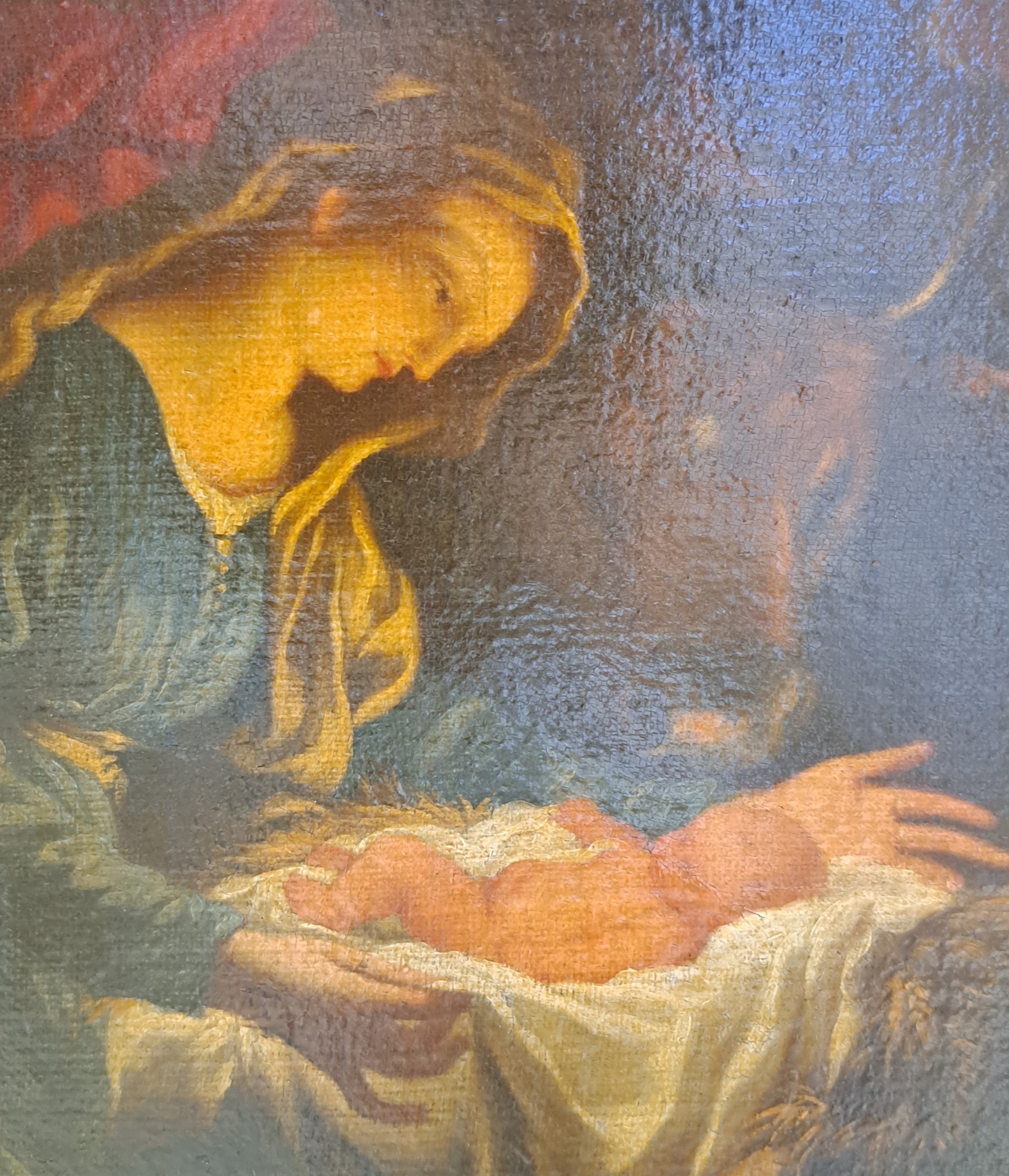 Detail c: Unbekannter Künstler, süddeutsch, um 1760-80, Die Geburt Christi, Öl/Lwd, rest., doubl., vielfigurige Szene mit zentraler Lichtquelle, ca. ...