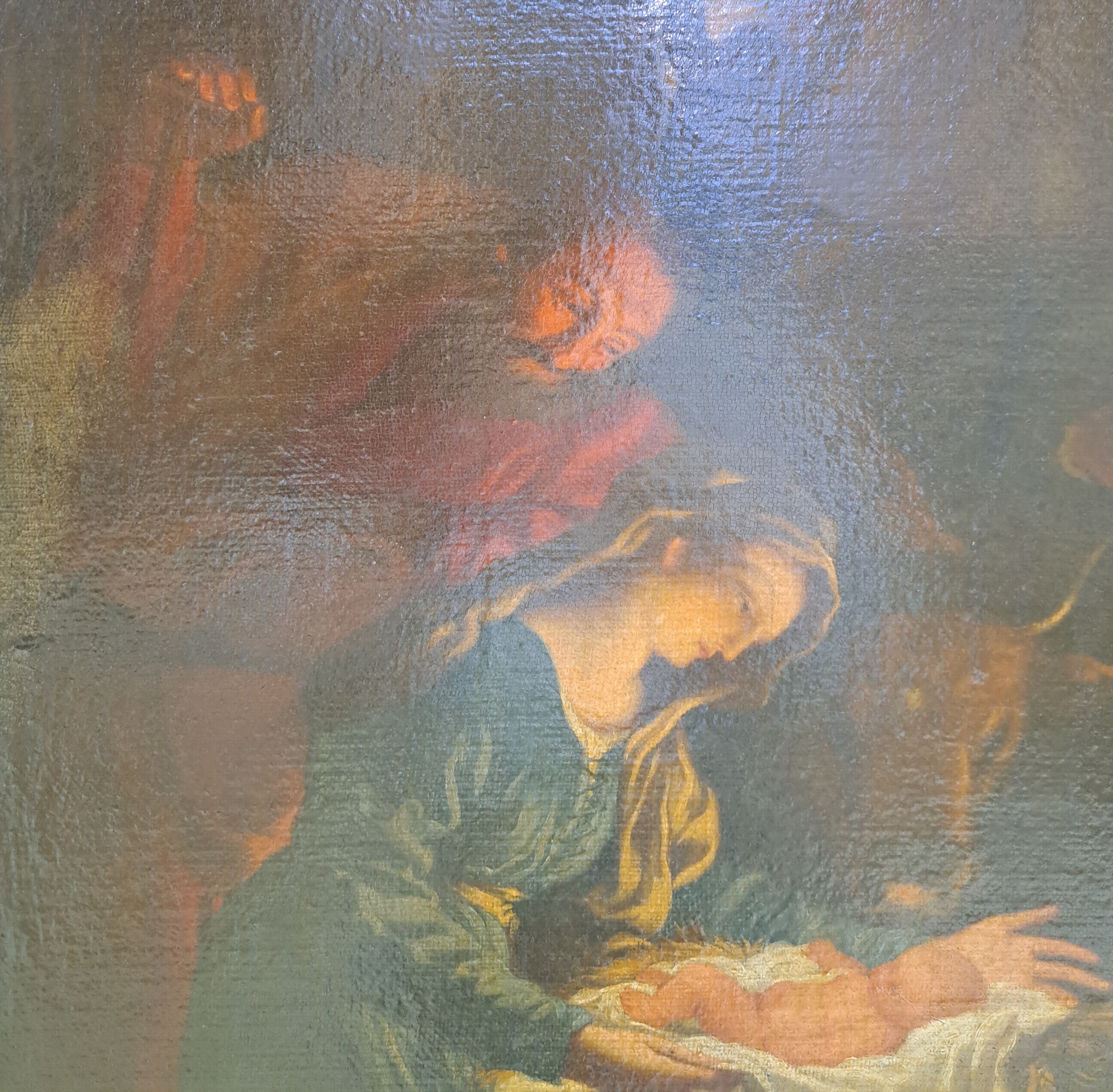 Detail d: Unbekannter Künstler, süddeutsch, um 1760-80, Die Geburt Christi, Öl/Lwd, rest., doubl., vielfigurige Szene mit zentraler Lichtquelle, ca. ...