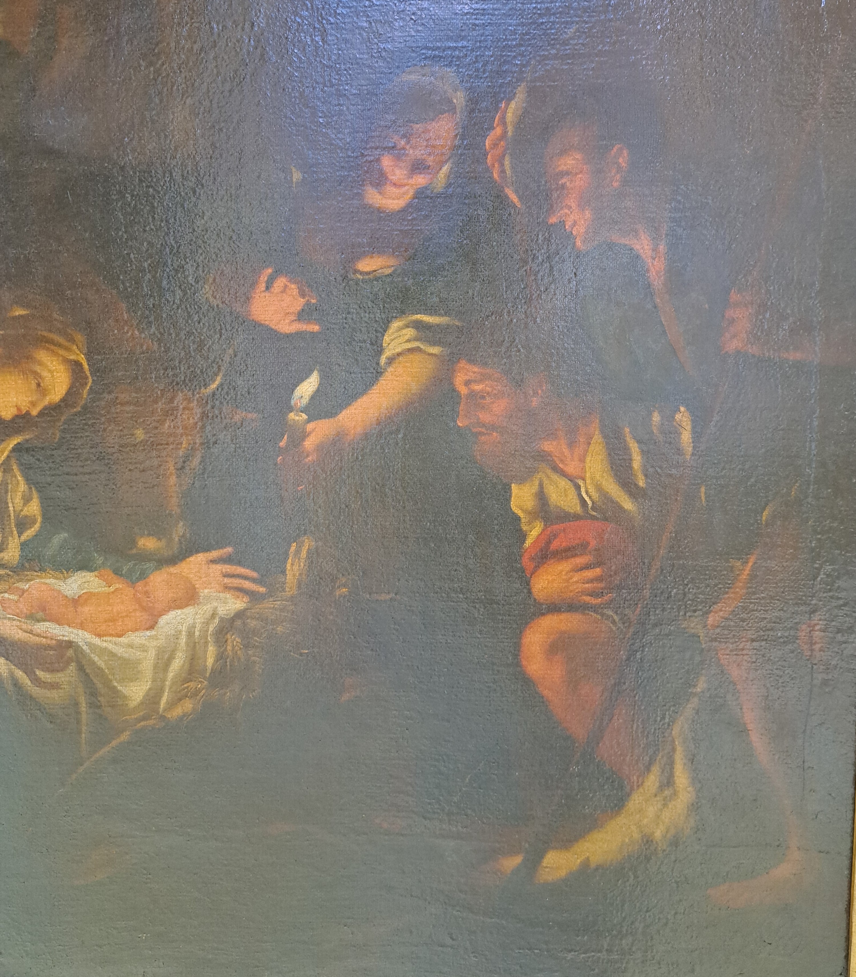 Detail e: Unbekannter Künstler, süddeutsch, um 1760-80, Die Geburt Christi, Öl/Lwd, rest., doubl., vielfigurige Szene mit zentraler Lichtquelle, ca. ...