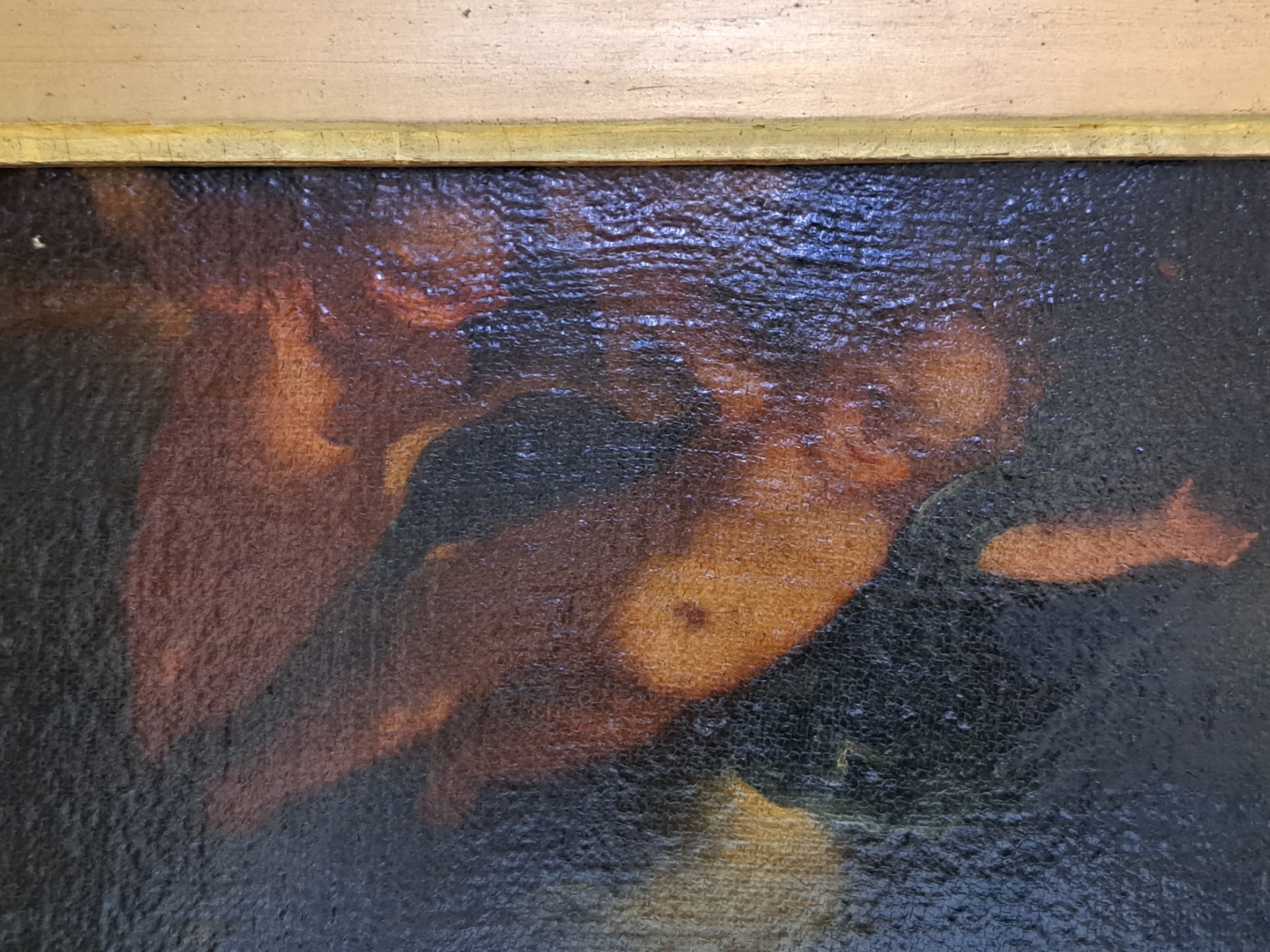 Detail f: Unbekannter Künstler, süddeutsch, um 1760-80, Die Geburt Christi, Öl/Lwd, rest., doubl., vielfigurige Szene mit zentraler Lichtquelle, ca. ...