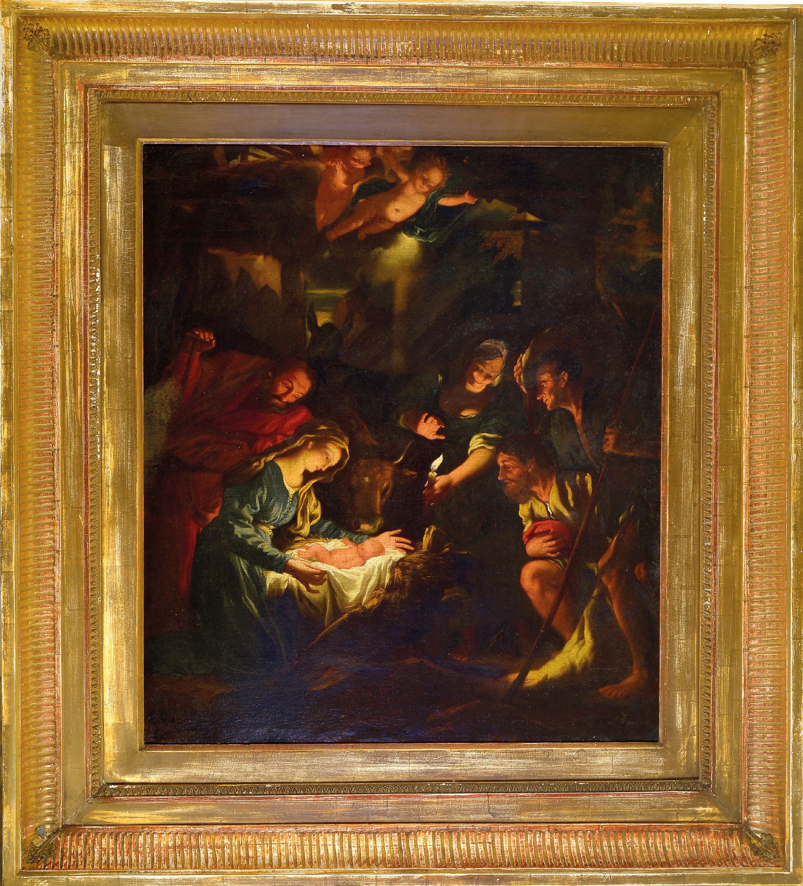 Detail k: Unbekannter Künstler, süddeutsch, um 1760-80, Die Geburt Christi, Öl/Lwd, rest., doubl., vielfigurige Szene mit zentraler Lichtquelle, ca. ...