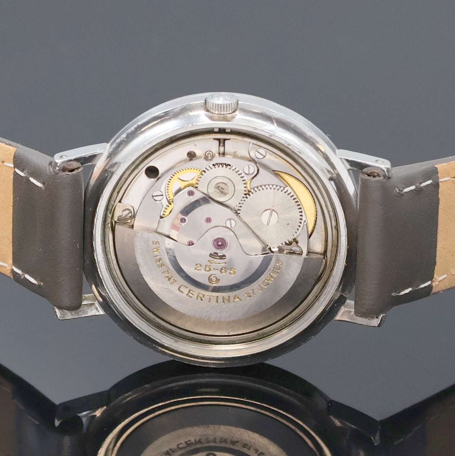 Detail d: CERTINA Blue Ribbon Armbanduhr Referenz 5601 103, Schweiz um 1965, Automatik, Edelstahlgeh., Boden verschr., orig. Krone in Geh. eingel., silb. ...