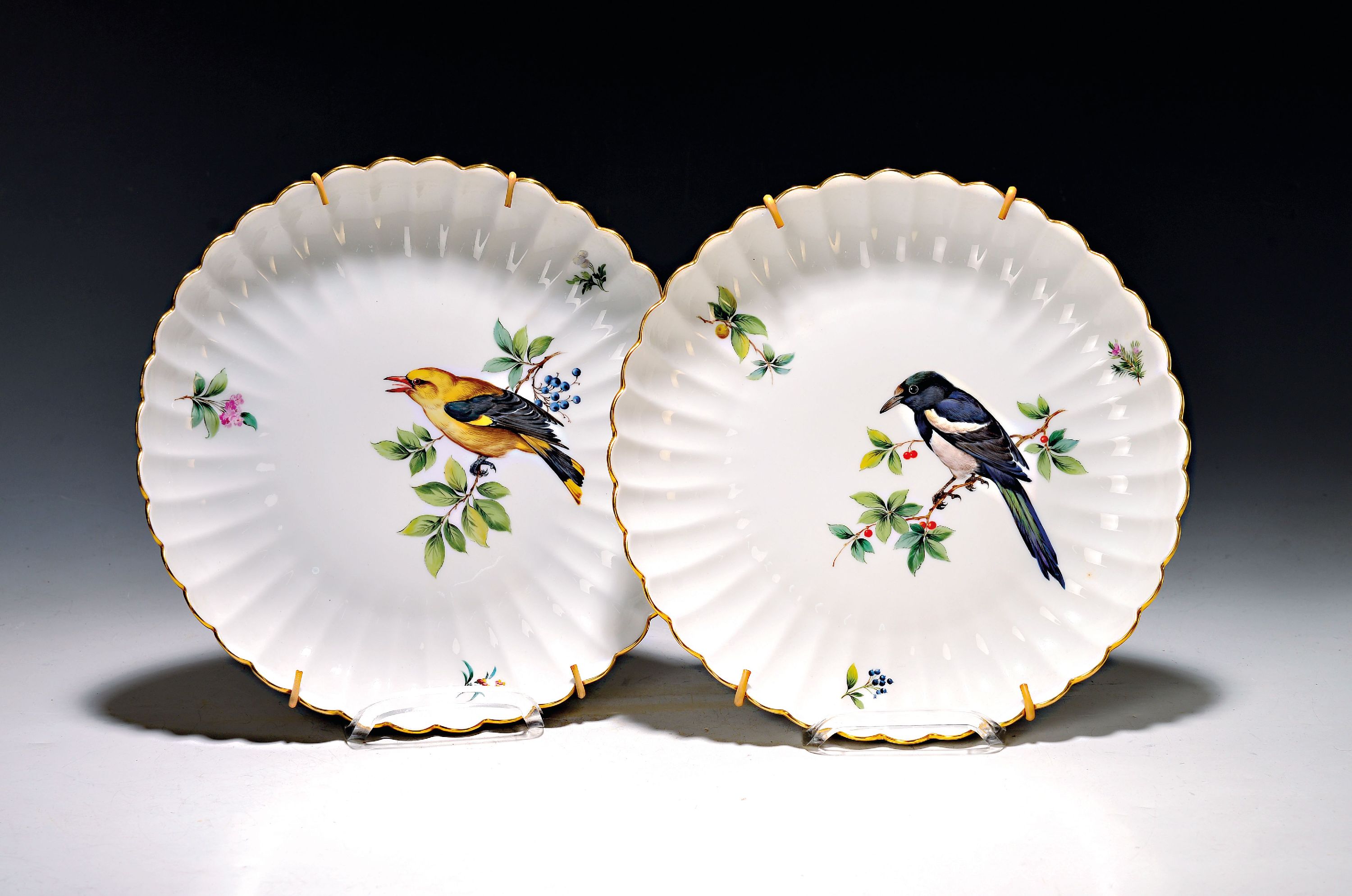 Image 27021441 - Zwei große Fächerschalen, Meissen, 20. Jh., Vogelmalerei, D. ca. 28 cm, Goldrand
