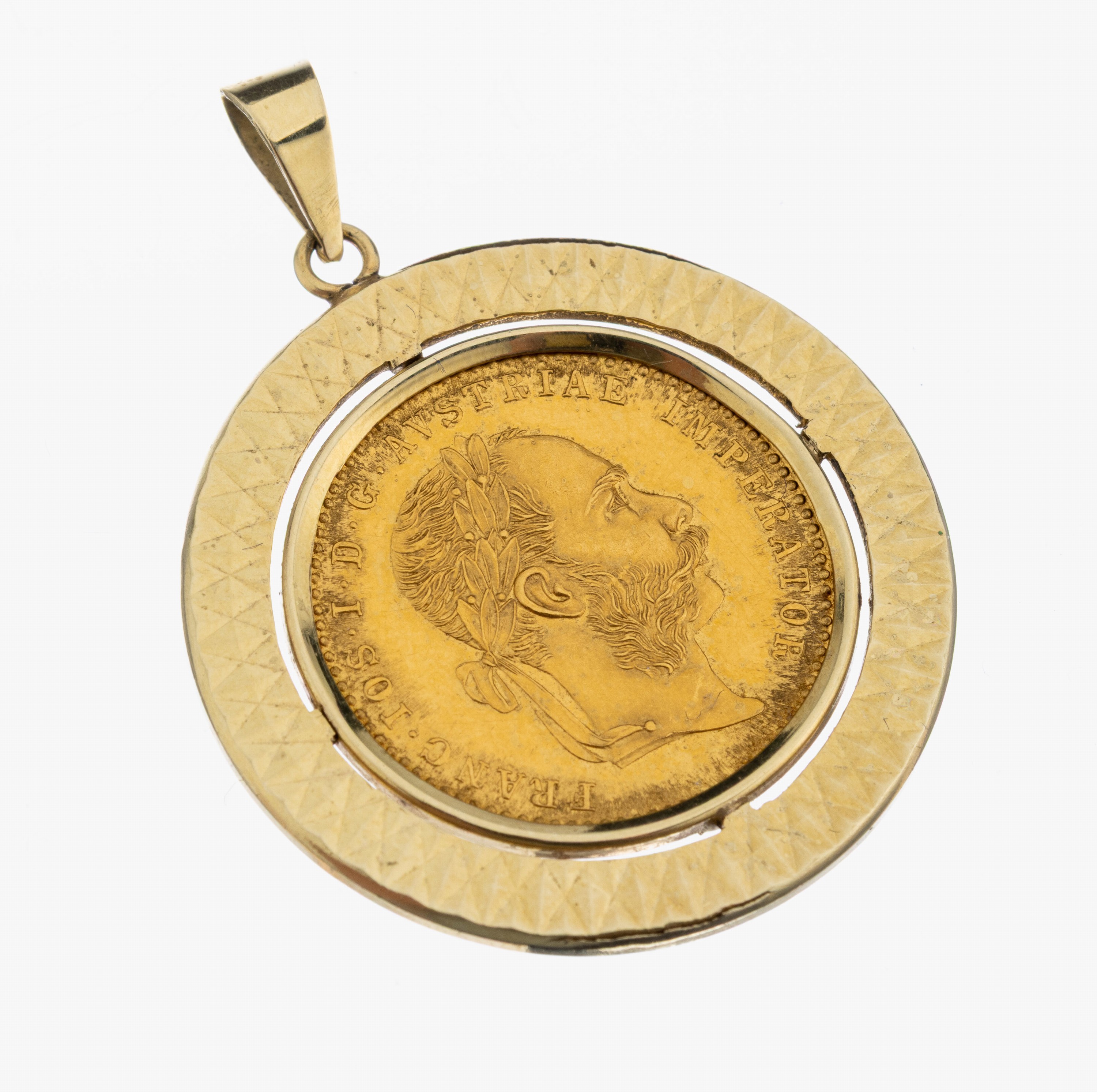14 kt Gold Münz-Anhänger, GG 585/000, lose gefasste Goldmünze, 1 Dukat, Österreich- Ungarn, 1915, Franz Joseph I., offizielle Nachprägung, ca. ...