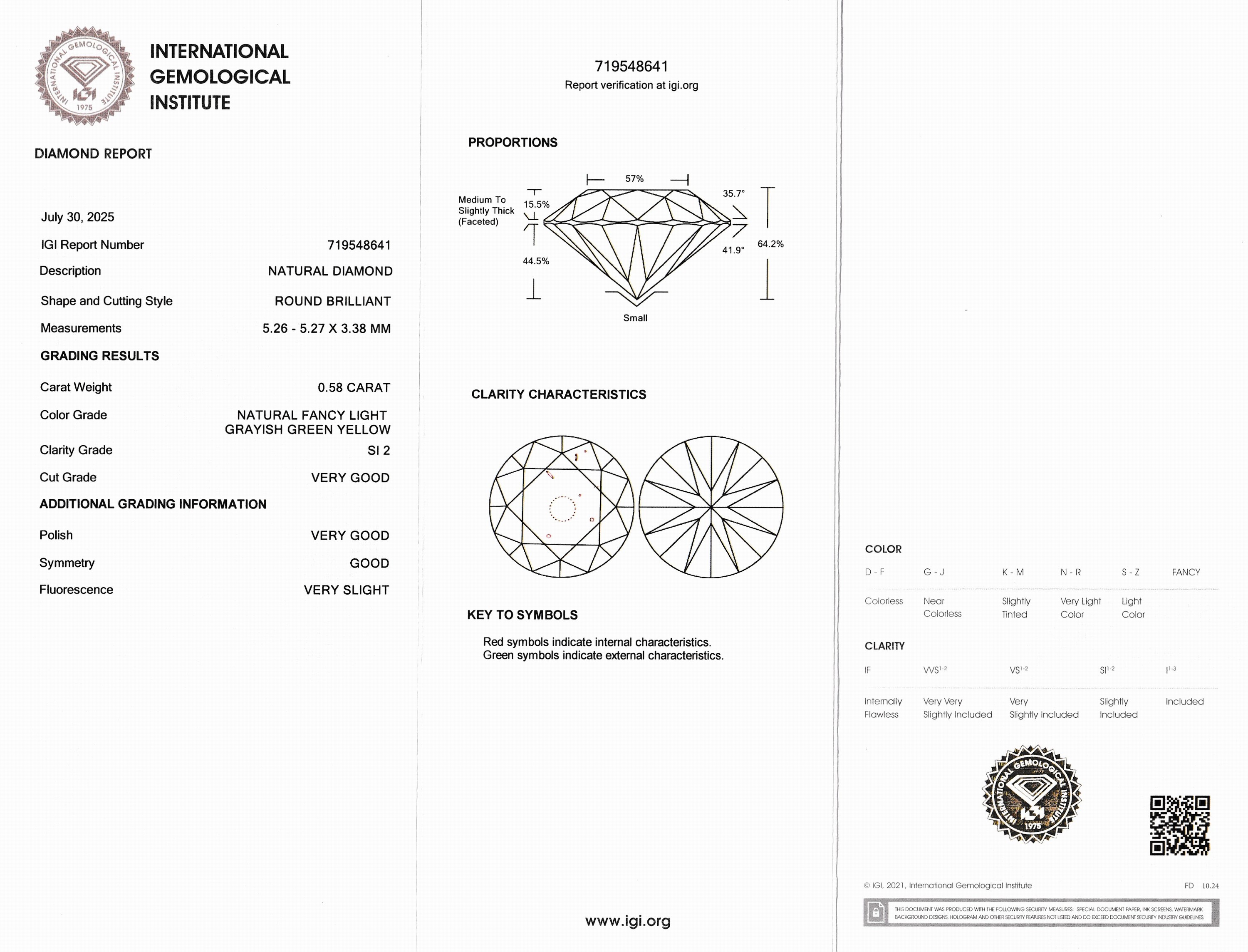 Detail a: Loser Brillant, 0.58 ct natural fancy light grayish green yellow/si2, eingeschweißt, IGI Diamond Report