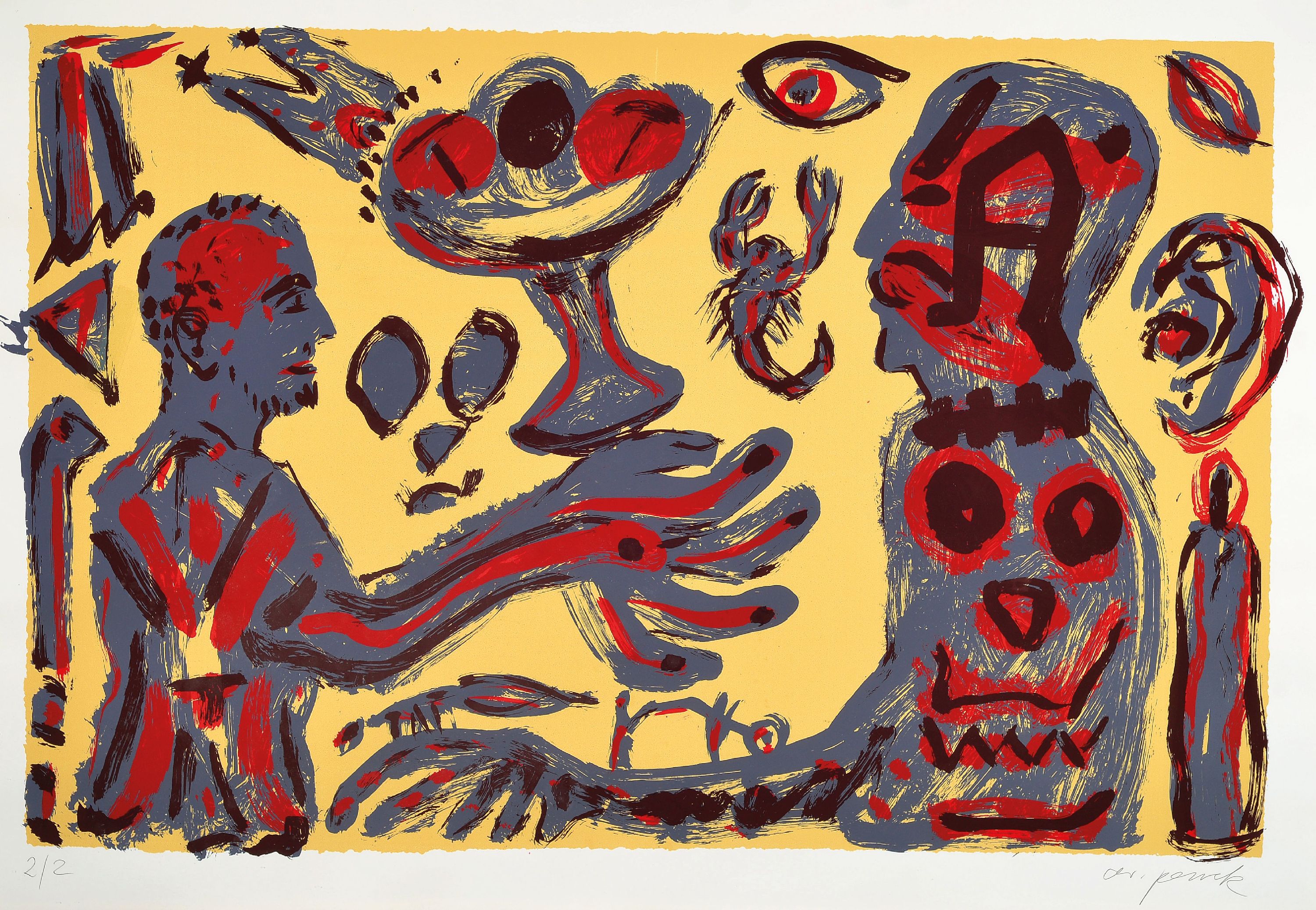 Image 27021470 - A.R. Penck, 1939-2017, Farbsiebdruck, rechts unten handsign., num. 2/2, unter Glas ...