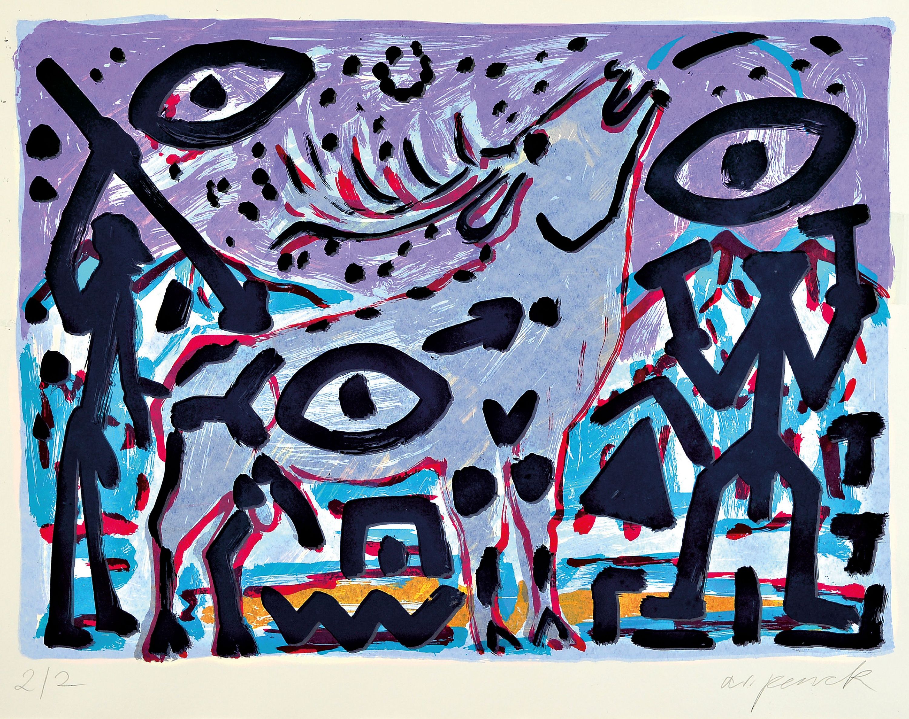 Image 27021471 - A.R. Penck, 1939-2017, Farbsiebdruck, rechts unten handsign., num. 2/2, unter Glas ...