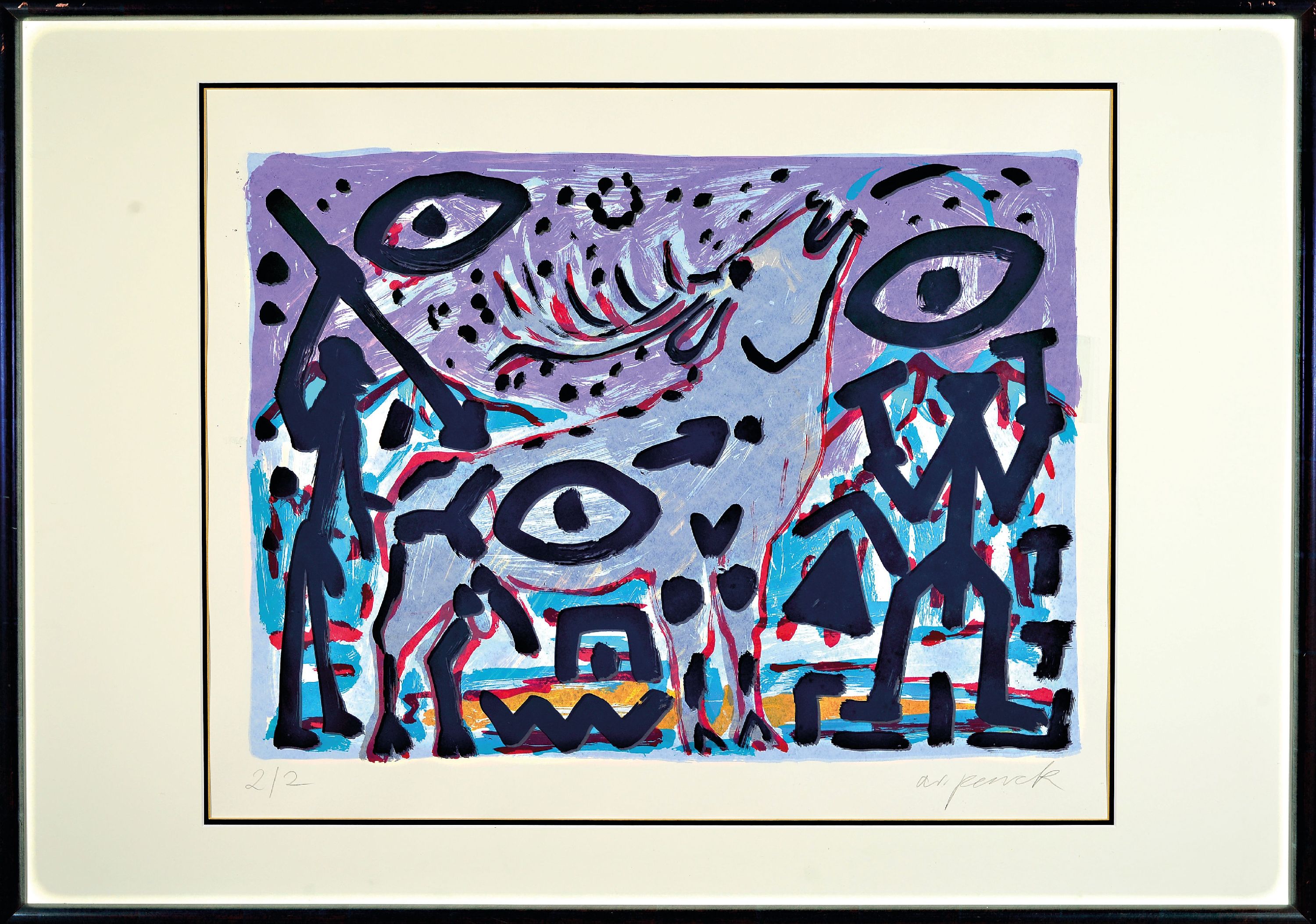 Detail k: A.R. Penck, 1939-2017, Farbsiebdruck, rechts unten handsign., num. 2/2, unter Glas gerahmt, gesamt ca. 102x73 cm