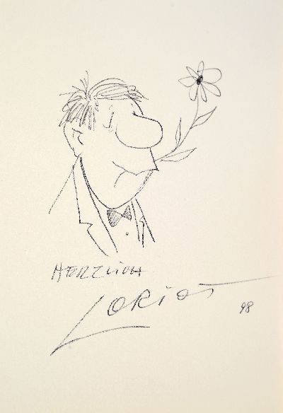 27021423k - Loriot (Vicco von Bülow), 1923-2011, Zeichnung eines Knollennasenmännchens mit Blume, ...