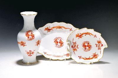 Image Vase, Schale und Blattschale, Meissen, Porzellan, roter Drachendekor, golden gehöht, H. ...