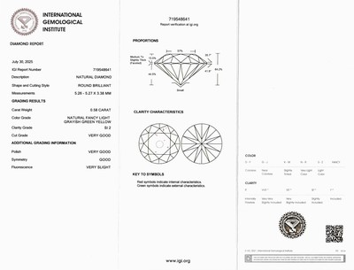 27021449a - Loser Brillant, 0.58 ct natural fancy light grayish green yellow/si2, eingeschweißt, IGI ...