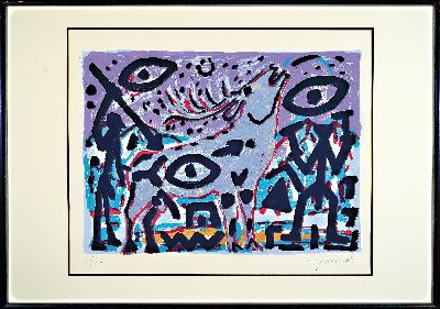 27021471k - A.R. Penck, 1939-2017, Farbsiebdruck, rechts unten handsign., num. 2/2, unter Glas ...