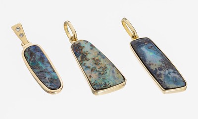 Image Konvolut 3 14 kt Gold Opal-Anhänger, GG 585/000, 3 längliche Boulderopale, 1 x m. 2 ...