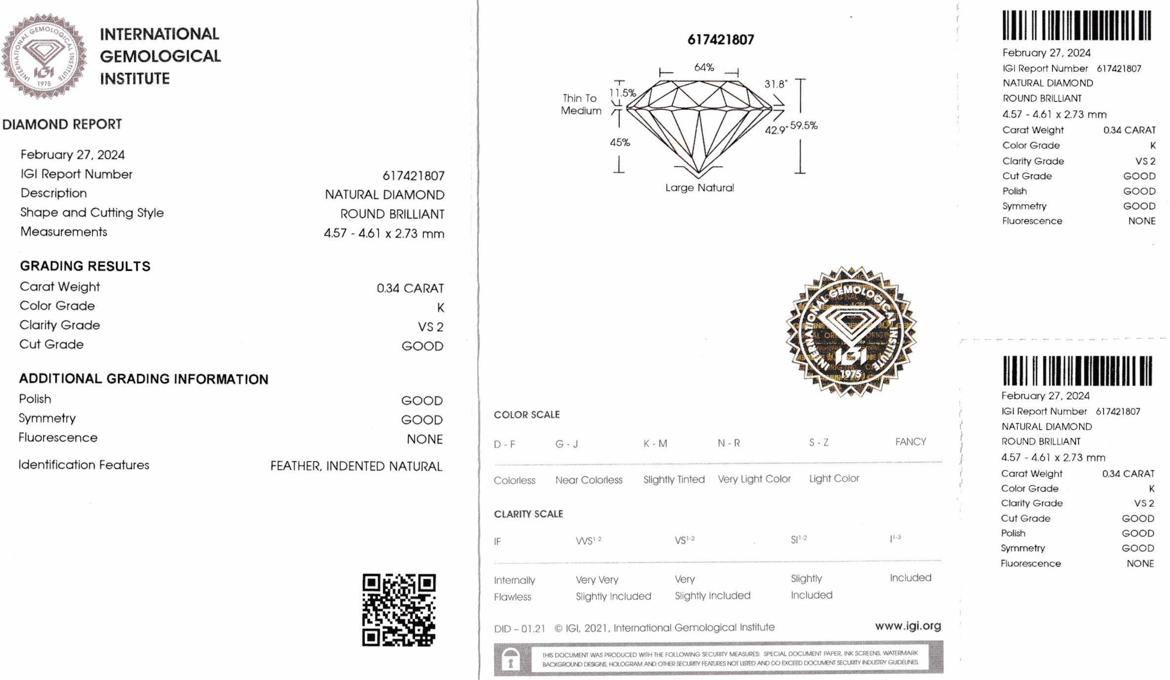 Detail a: Einzelner 14 kt Gold Brillant-Ohrstecker, WG 585/000, Brillant ca. 0.41 ct l.get.Weiß (J)/si2, IGI-Diamond Report 02/2024