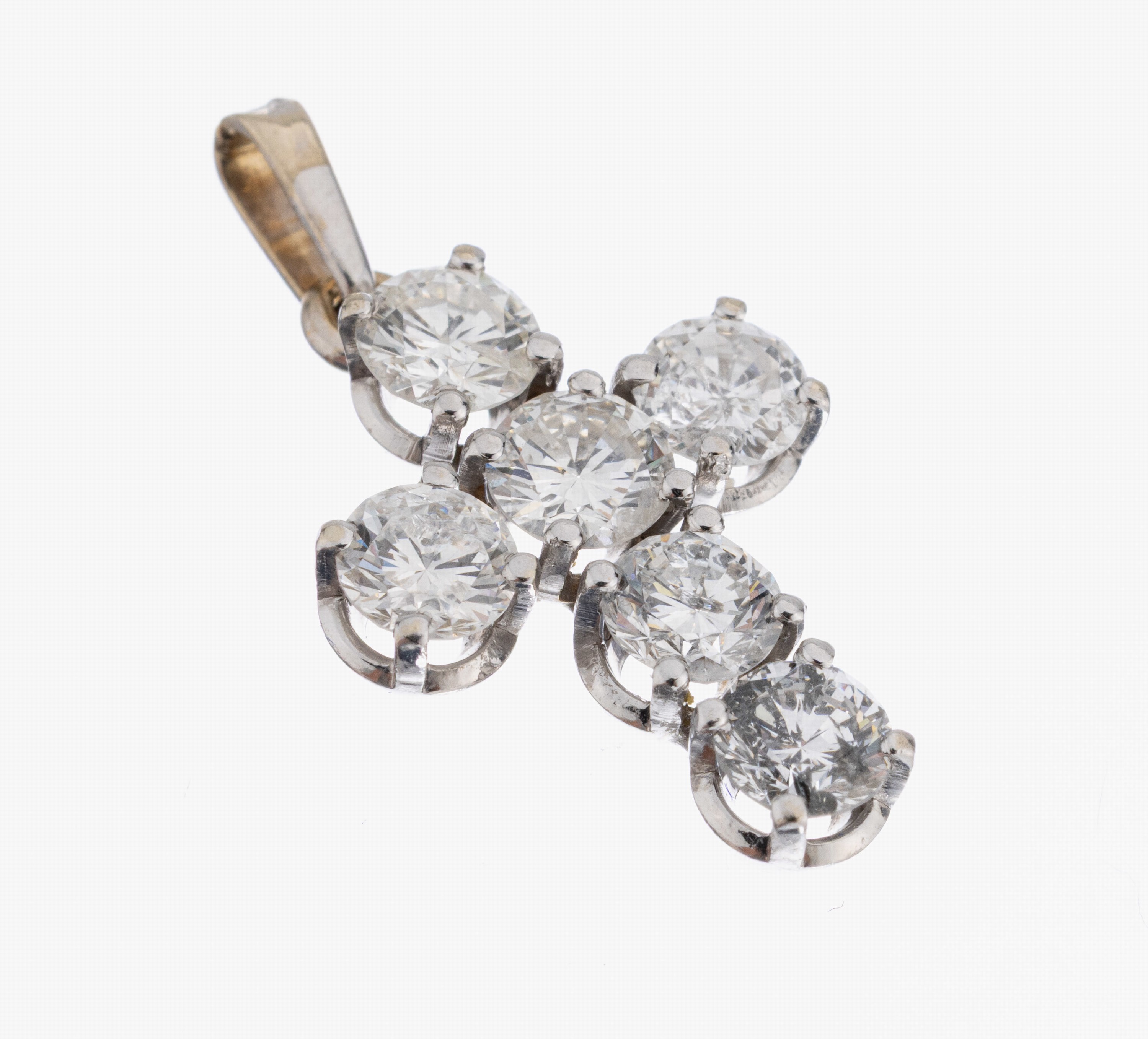 14 kt Gold Brillant-Kreuzanhänger, WG 585/000, 6 Brillanten zus. ca. 1.60 ct Weiß/si-p1, L. ca. 2.5 cm, ca. 1.9 g