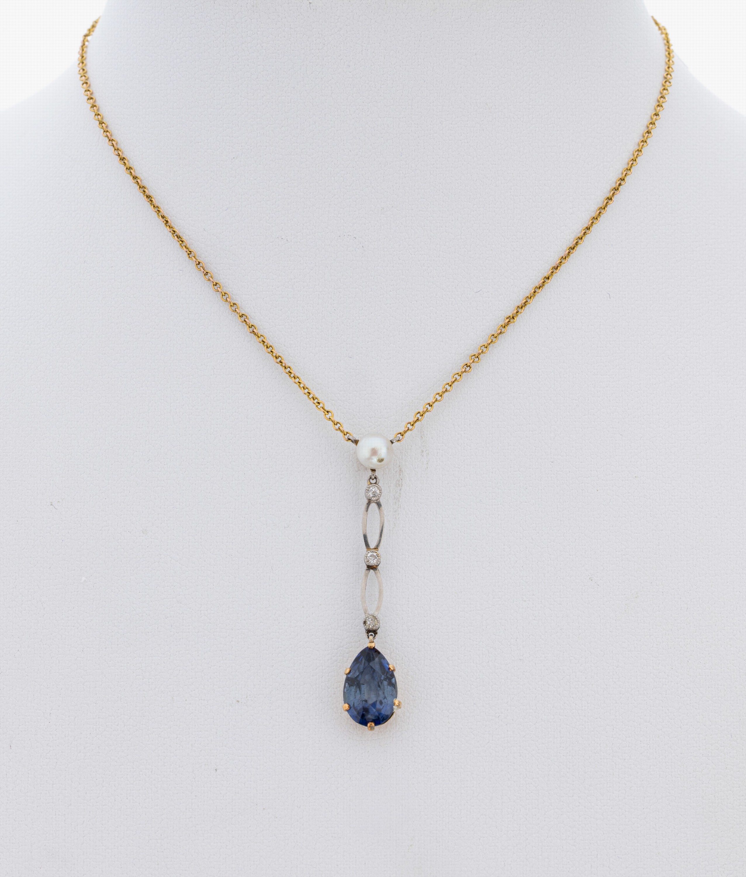 Image 27021549 - 14 kt Gold Saphir-Diamant-Collier, RG 585/000 und Platin, facett. Saphir-Tropfen ...