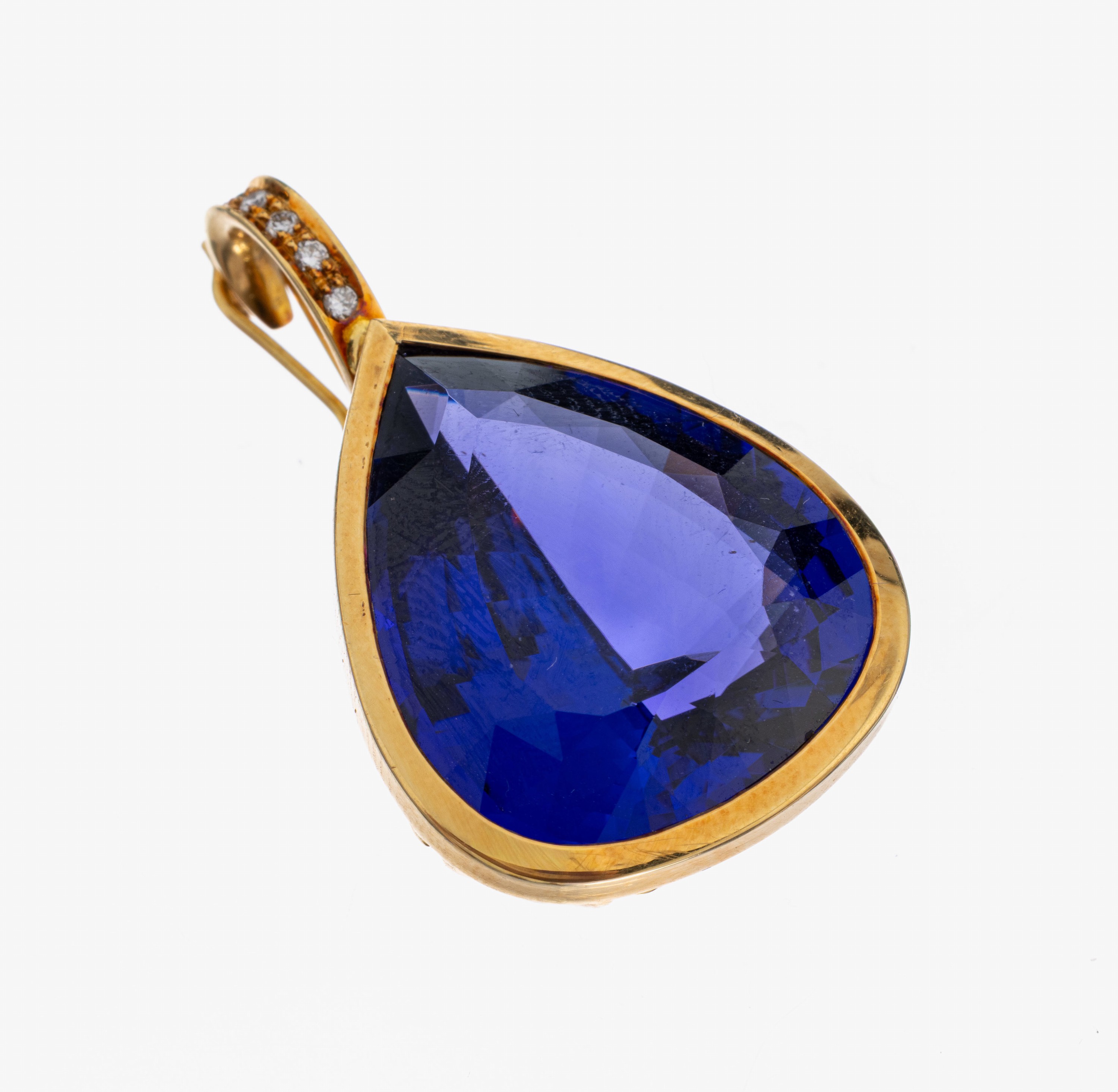 18 kt Gold Tansanit-Brillant-Anhänger, GG 750/000, Tansanit-Tropfen von feiner Farbe ca.34.75 ct, Öse mit 6 Brillanten zus. ca. 0.09 ct feines ...