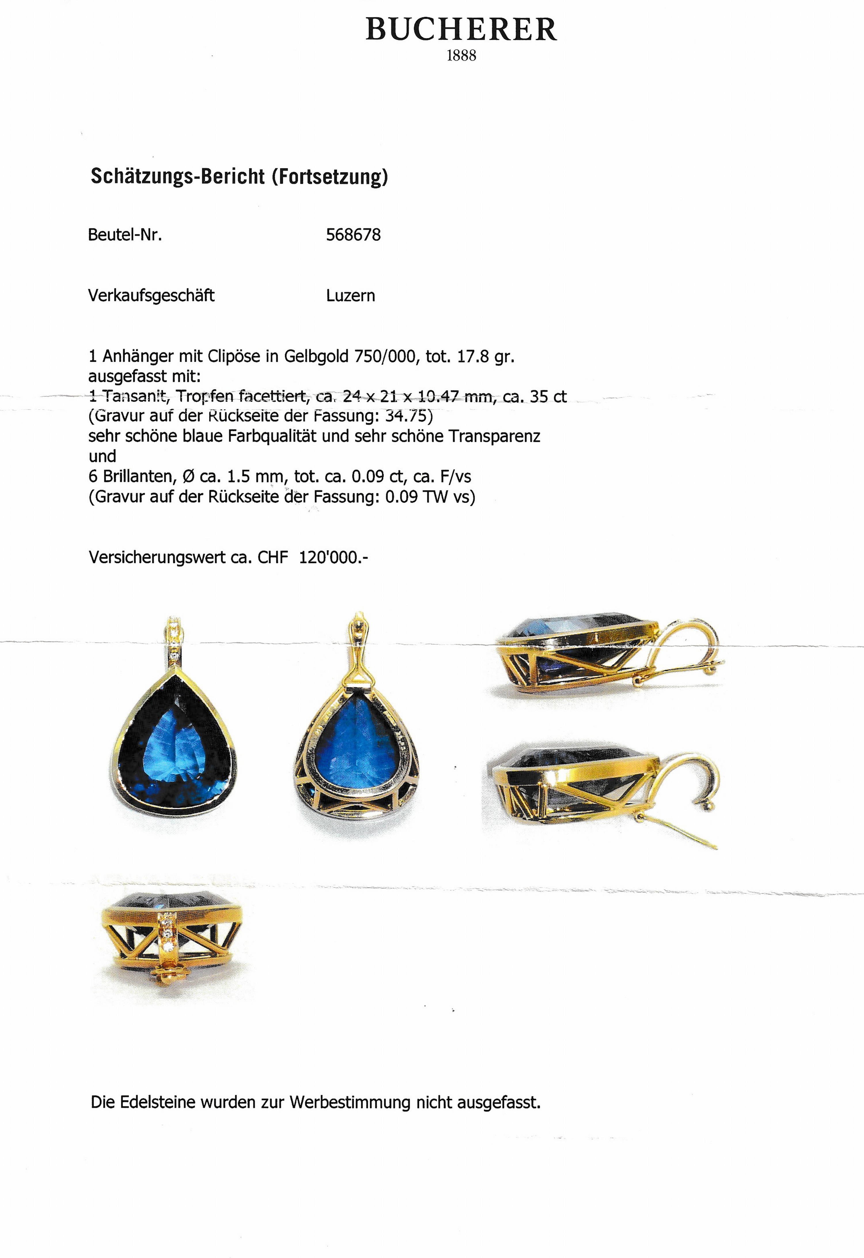 Detail a: 18 kt Gold Tansanit-Brillant-Anhänger, GG 750/000, Tansanit-Tropfen von feiner Farbe ca.34.75 ct, Öse mit 6 Brillanten zus. ca. 0.09 ct feines ...