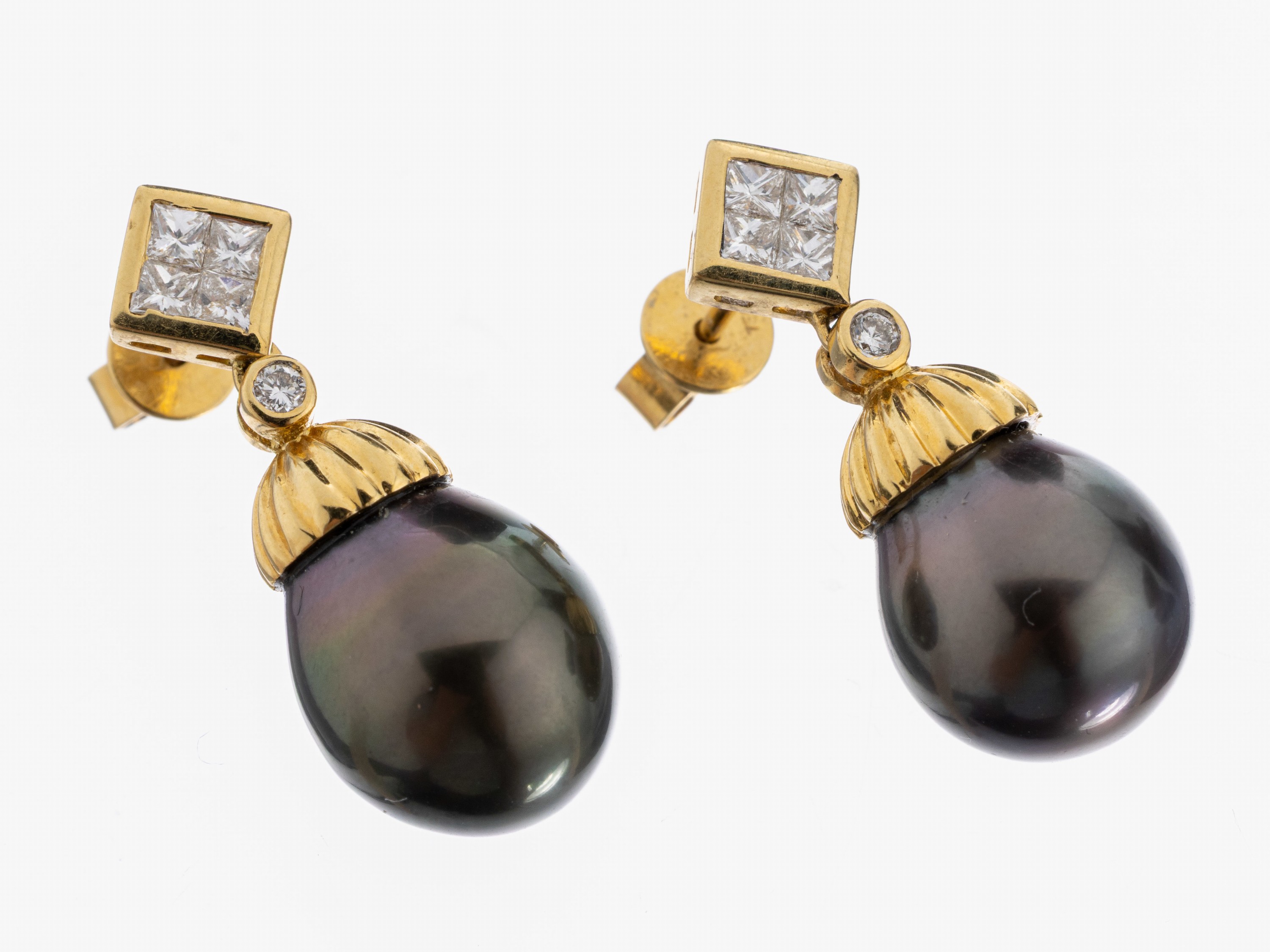 Image 27021554 - Paar 18 kt Gold Diamant-Perl-Ohrstecker, GG750/000, 2 Brillanten und 2 Princess-Cut ...