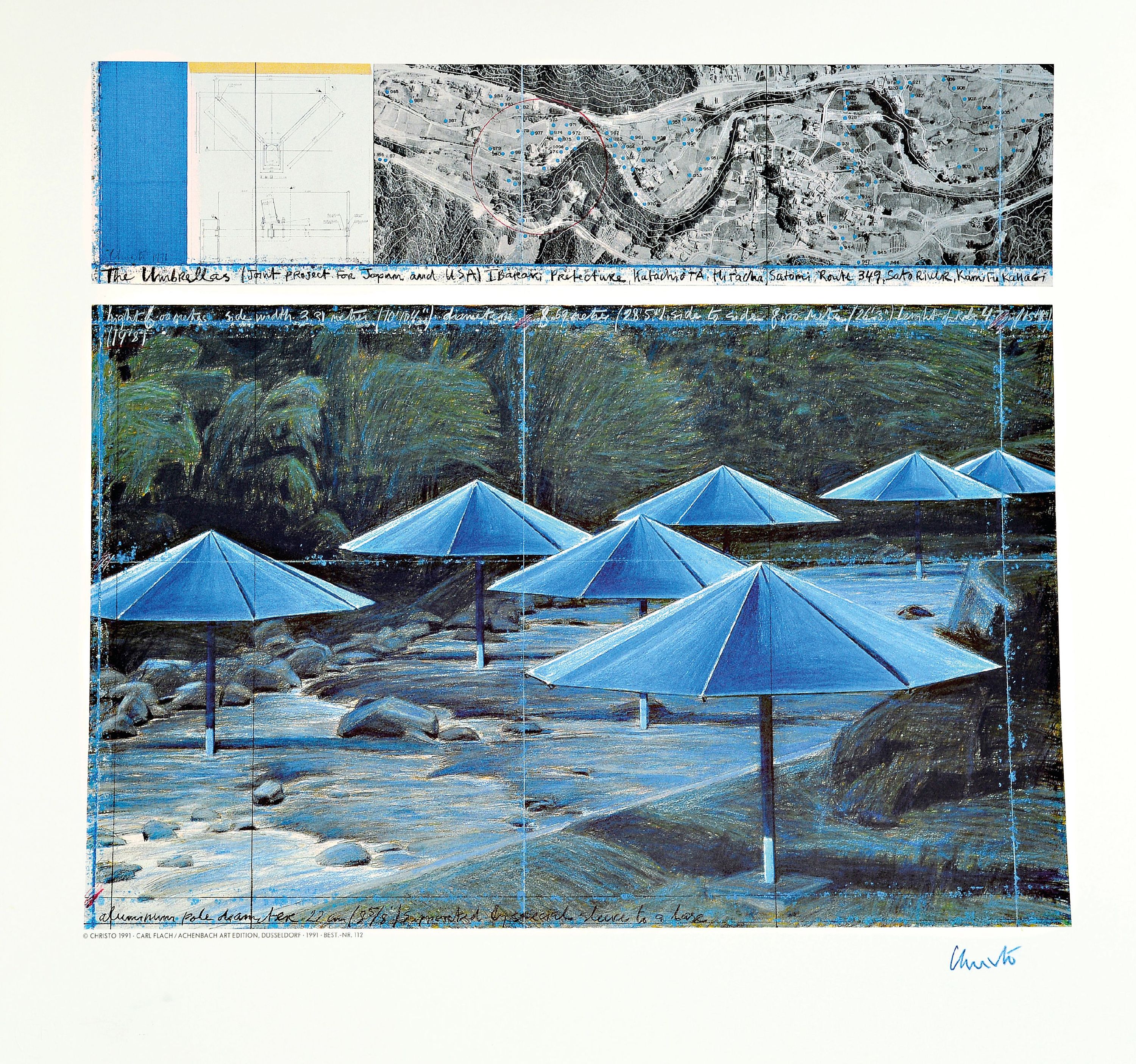 Detail k: Christo und Jeanne-Claude, Farboffset-Lithografie, signiert, Titel: blue umbrella 1991, hrsg. Carl Falch/ Achenbach Art Edition ca. 49,5x51 cm