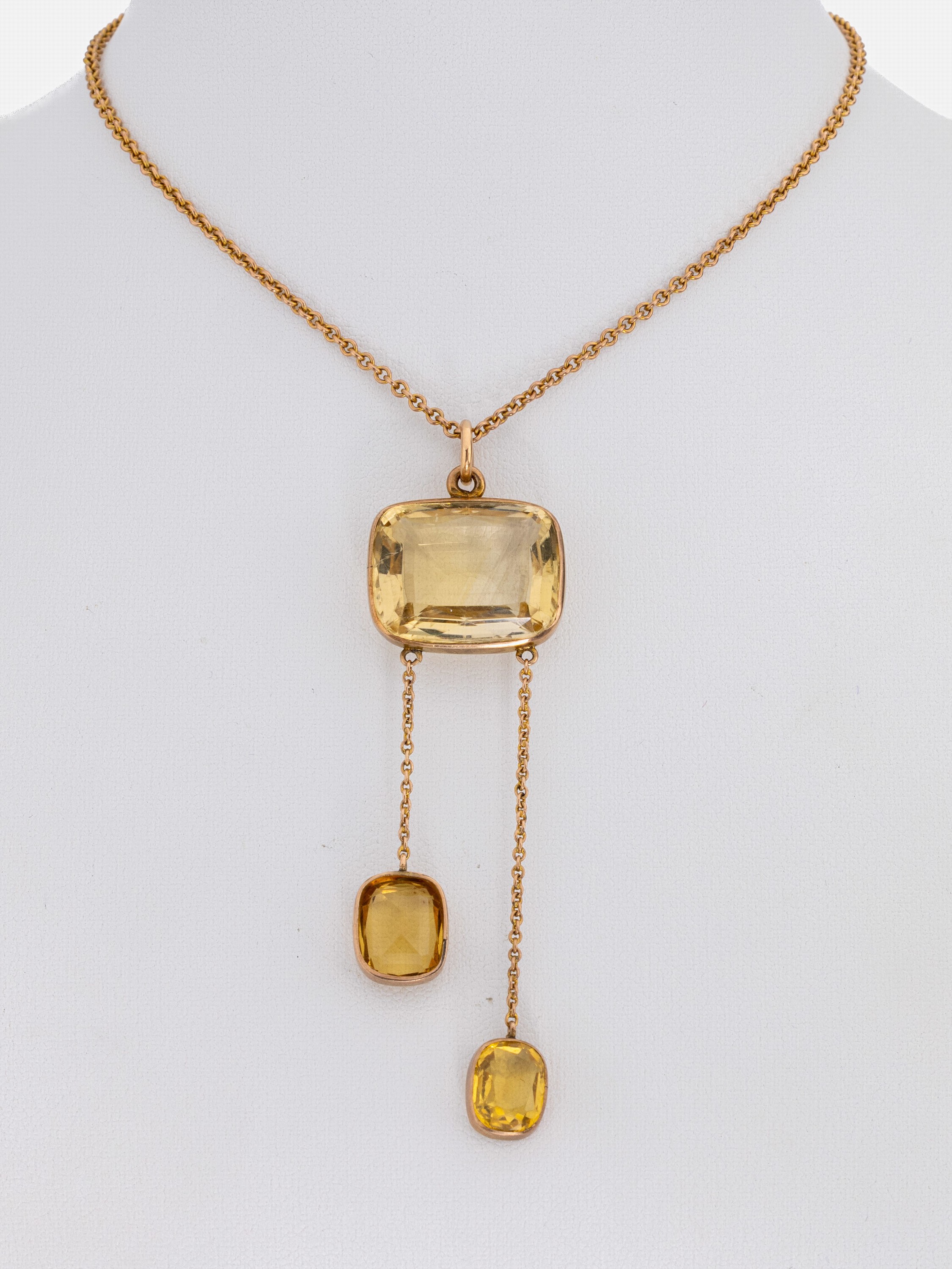 9 kt Gold Citrin-Collier, England um 1900, RG 375/000, 3 facett. Citrine zus. ca. 16.0ct, L. ca. 45 cm, Kastenschloss, ca. 11.8 g